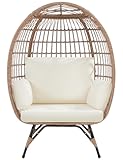 Yaheetech Egg Rattan Chair&comma; Oversized Indoor&sol;Outdoor Egg-Shaped PE Basket Lounger with 4 Cushions&comma; Metal Frame Stand for Patio&comma; Balcony&comma; Backyard&comma; Living Room&comma; Light Brown&sol;Ivory
