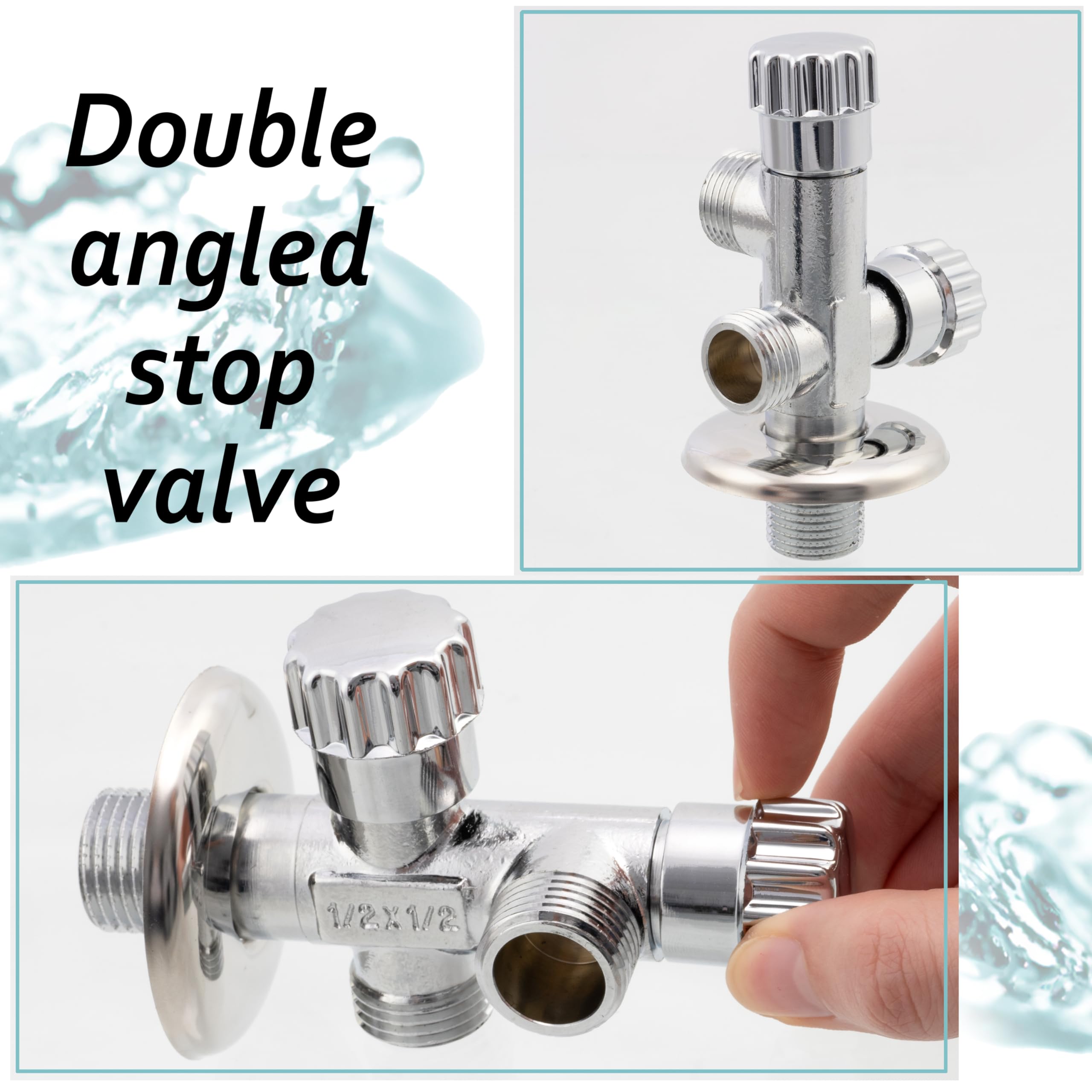 AERZETIX - Robinet Équerre à Doubles Sorties 1/2"x1/2"x1/2" avec Rosace et Joint PTFE - en Laiton - Finition Nickelée - Vanne Eau Potable Sanitaire Raccord Lavabo Salle de Bain Cuisine - C74961