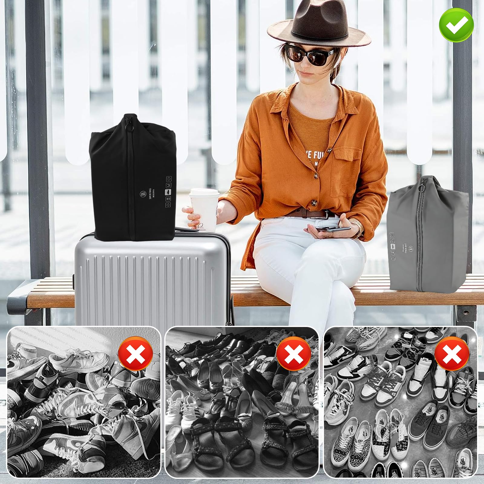 2 Stück Schuhbeutel Reise mit Tragegriff,Geruchsdicht Wasserdicht Schuhtasche mit ReißverschlussTragegriff, Schuhsack Reise Organizer,für Gym, Koffer, Schwimmen, Reise Oder Zuhause(Schwarz, Grau) - 5
