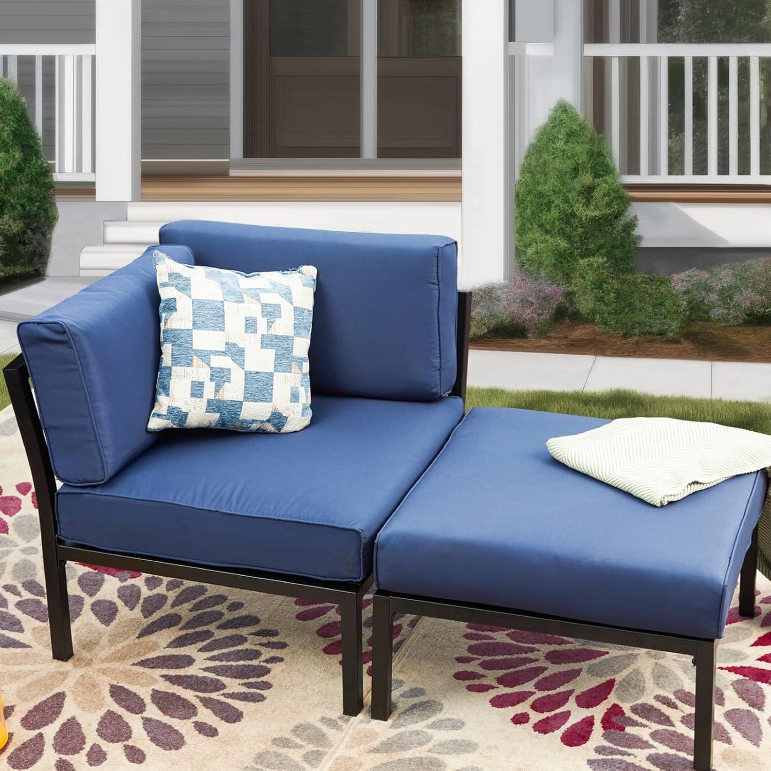 Patio Sofa Outdoor Sectional Sofas Metal Conversation Set Patio Furniture with Thick Blue Cushions