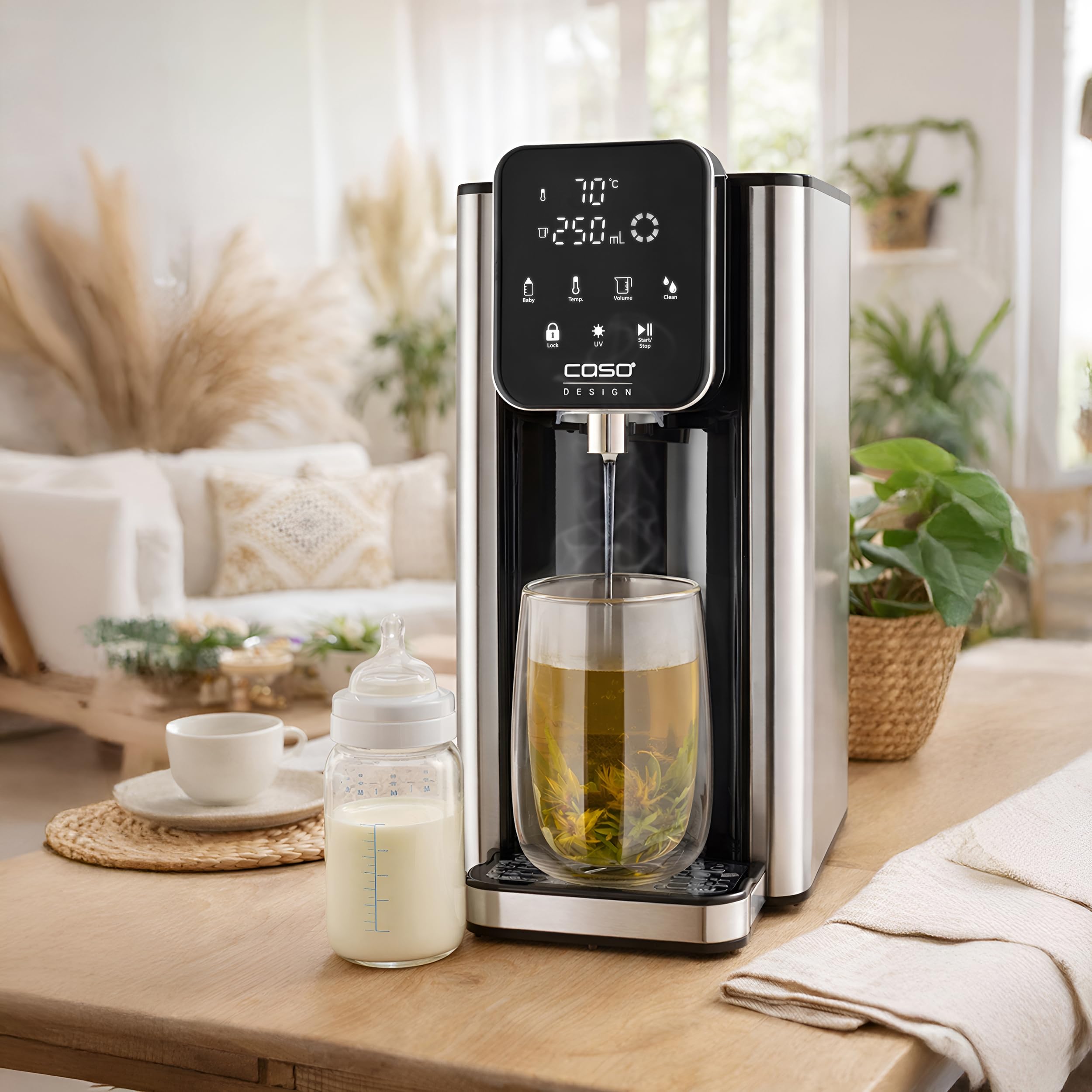 CASO HW 666 Inox UV - Distributore di acqua calda con tecnologia UV, purificazione dell'acqua igienica per alimenti per bambini, 40-100°C, 2600 Watt, 2,7 litri, risparmio energetico, elemento