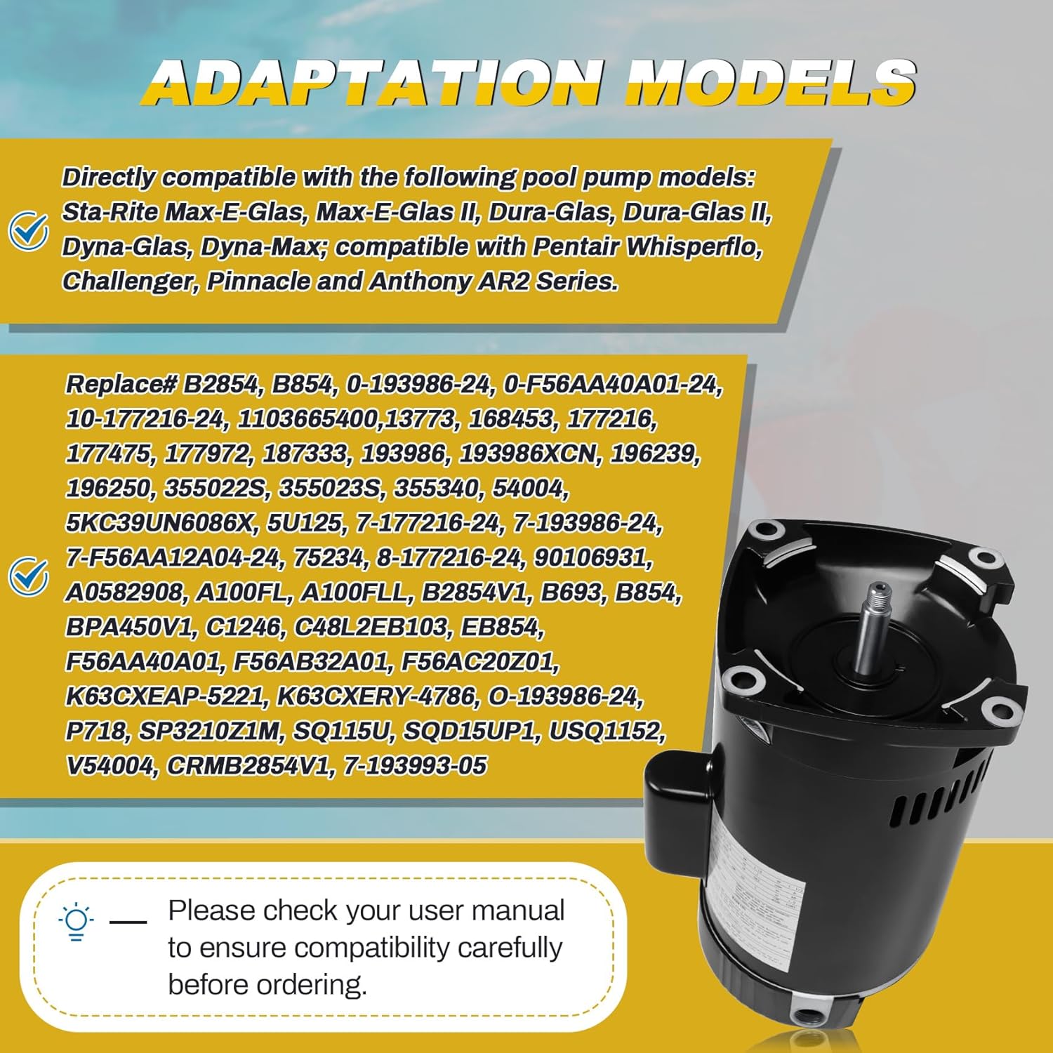 1.5 HP Pool Pump Motor Compatible with A.O. Smith Century ‎B2854 ‎B854, for Pentair Sta-Rite Whisperflo Challenger Pinnacle Anthony Pumps, 1-1/2 HP Single Speed Square Flange Pool Motor, 230/115 V