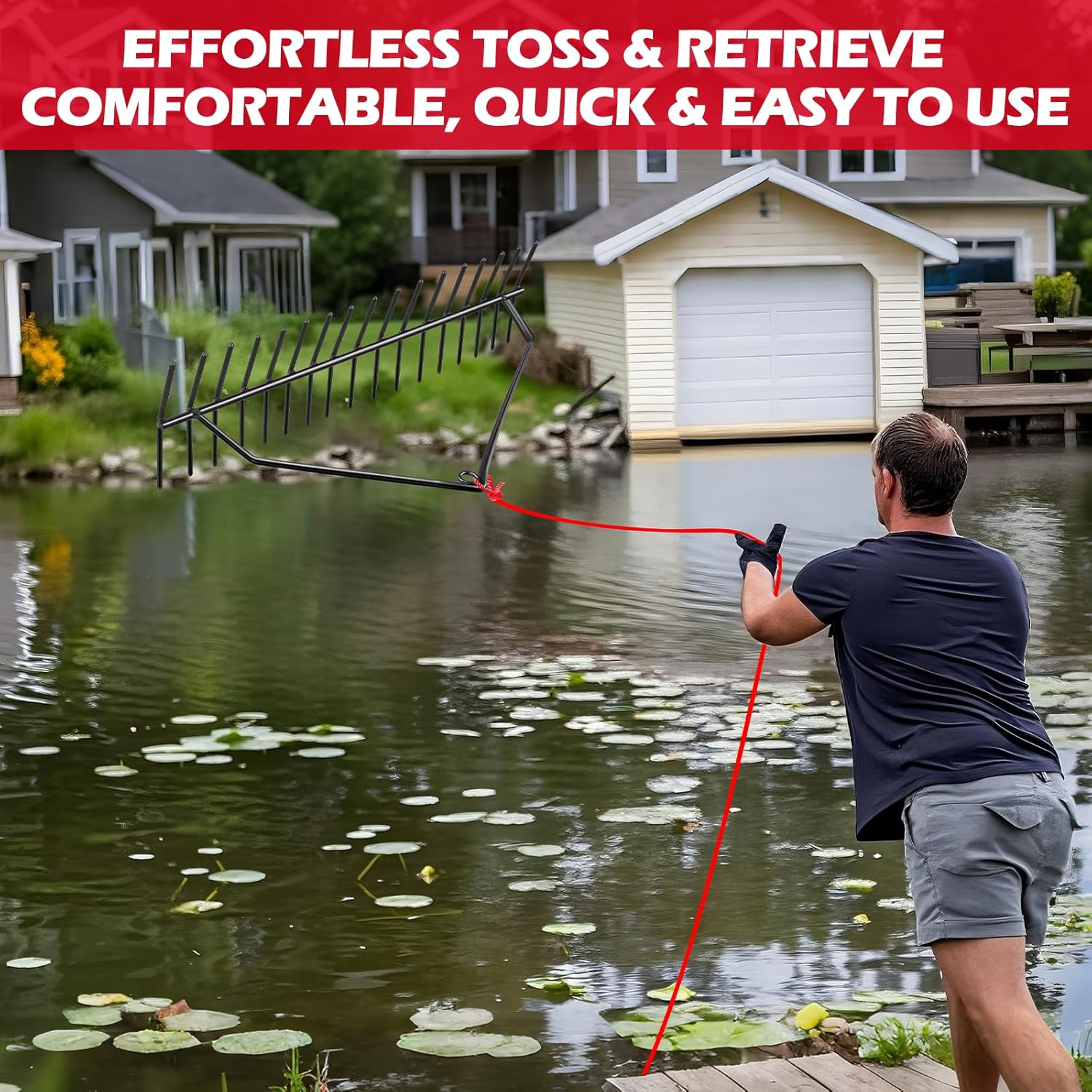 24" No Assembly Heavy Duty Steel Pond & Lake Rake – Lake Weed Cutter with 30ft Thickened Rope & Net, Aquatic Weed Rake for Reed/Lily/Cattail Removal Cutting Tool