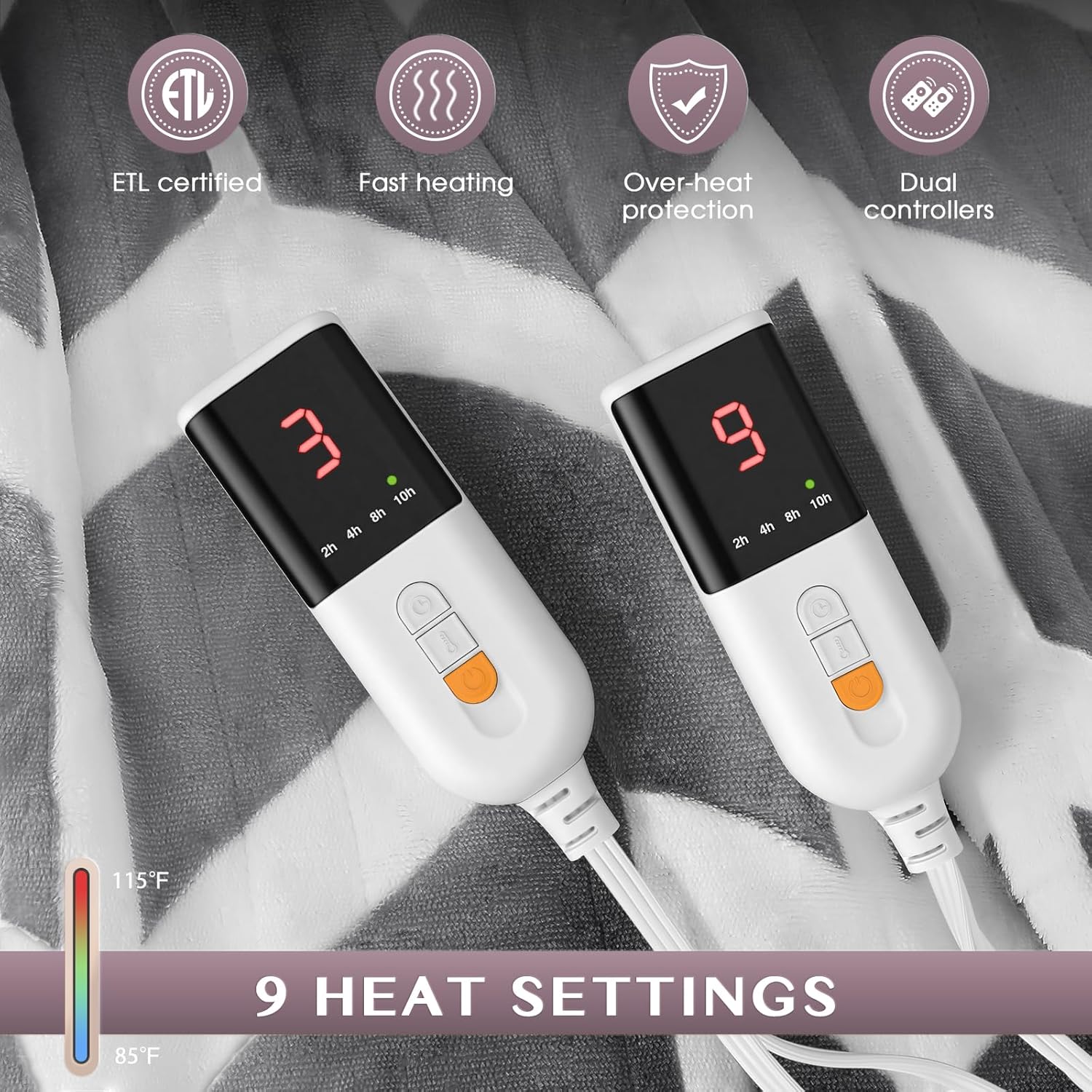 VENTIMI Electric Blanket Queen Size, 84" x 90" Heated Blanket with 9 Heat Levels & 2-4-8-10 Hours Auto Off, Fast Heating Blanket with ETL & FCC Certification, Grey - Image 2