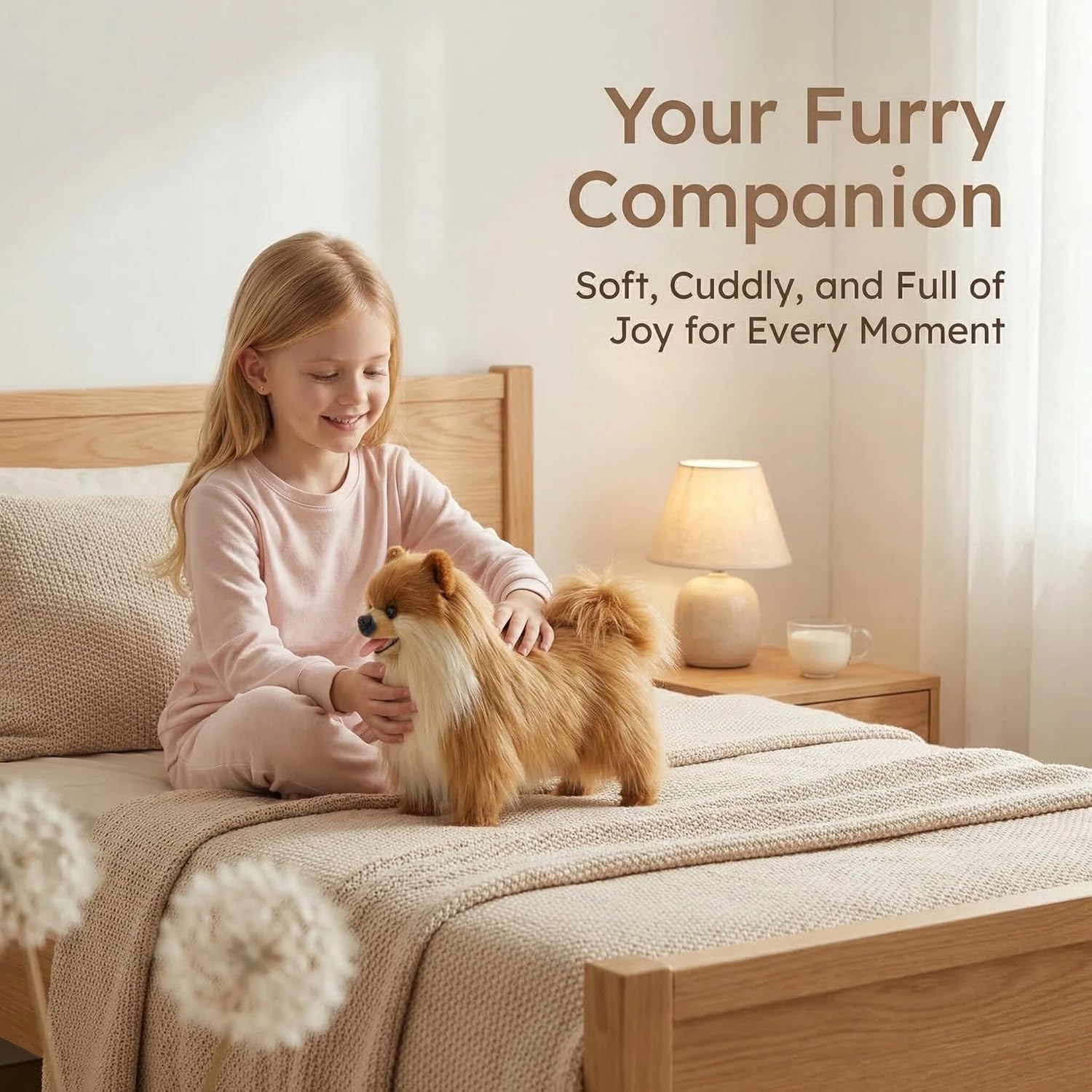 Lifelike Pomeranian Stuffed Animal - 13.8" Realistic Plush Dog Toy with Grooming Kit & Gift Box, Soft Cuddly Puppy Companion for Kids and Dog Lovers - Home Decor & Heartwarming Birthday Gift