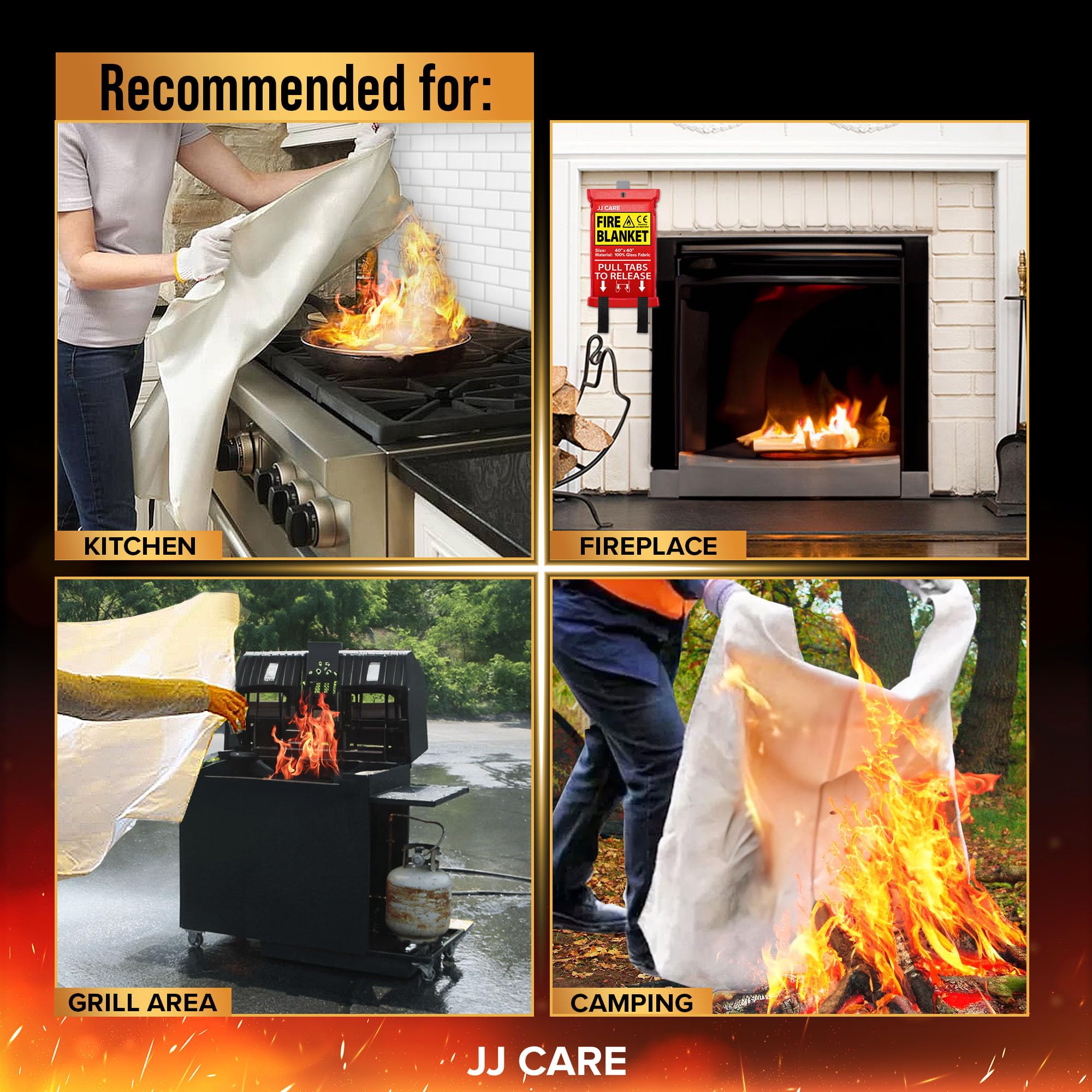 JJ CARE Fire Blanket - 40" x 40" [5 Packs with Hooks & Gloves] - Suppression Flame Retardant Emergency Fire Blanket for Camping, Grill, Kitchen, Home, Car, School, Office, Warehouse