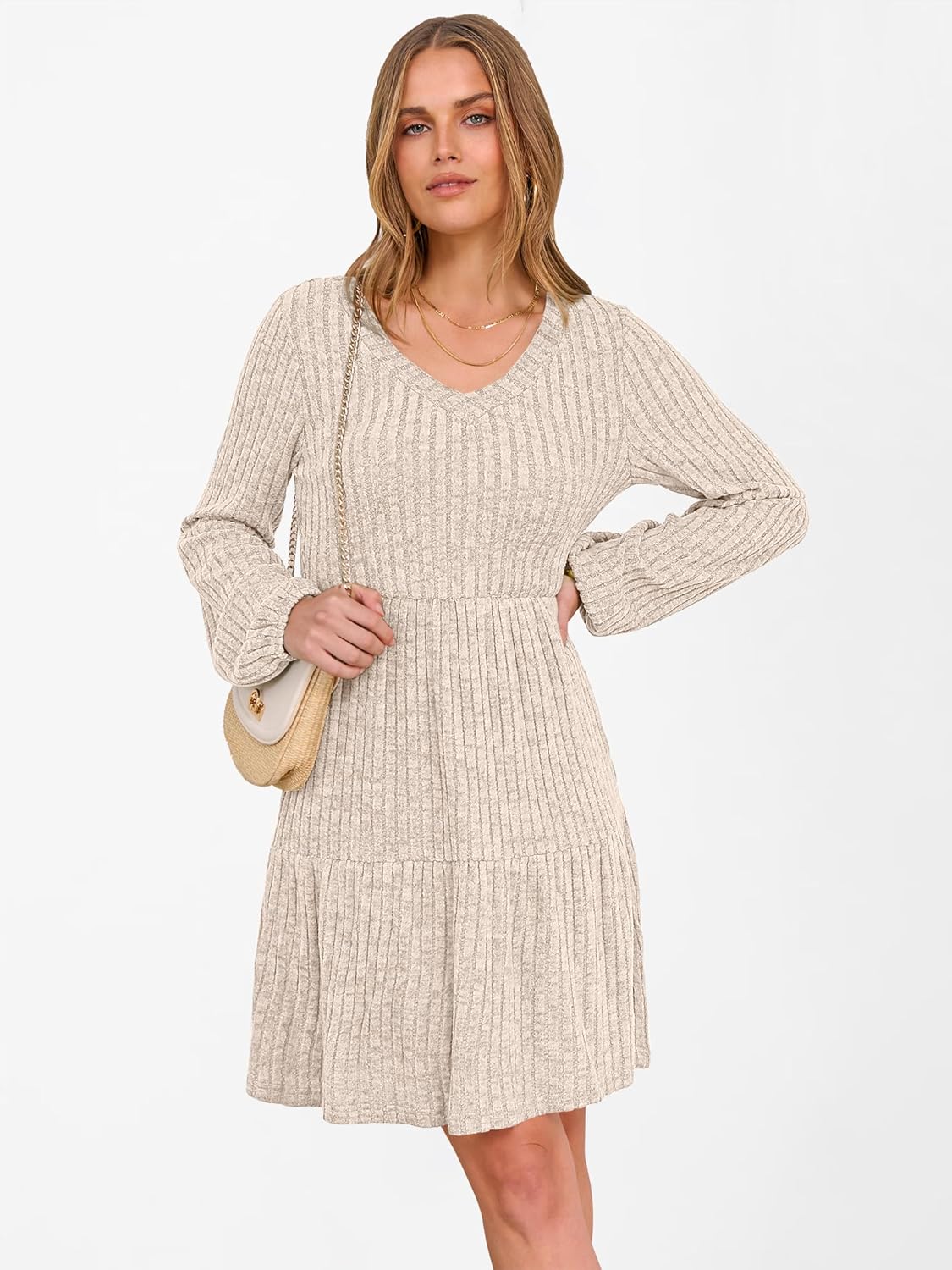 ANRABESS Women's Long Lantern Sleeve Ribbed Knit Dresses V Neck Casual 2025 Fall Winter Flowy Swing Tunic Sweater Short Dress - Image 6