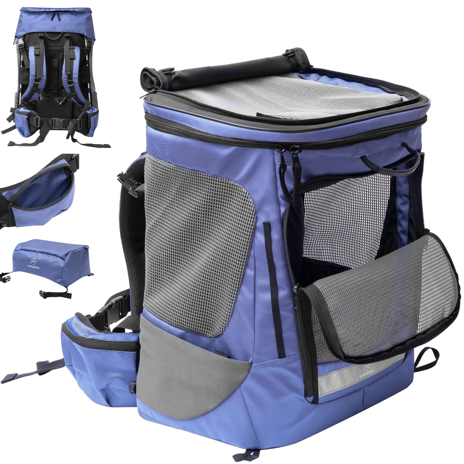 Hunderucksack bis 12kg - Modell Daypack, Größe M, Blau - Premium Rucksack für kleine bis mittelgroße Hunde mit Höhenverstellbarem Tragesystem und viel Raum für den Hund
