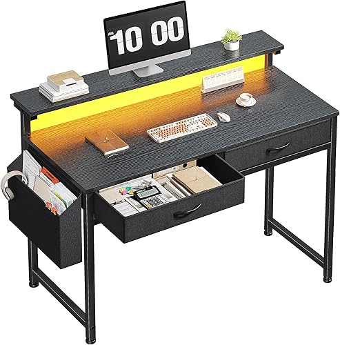 Escritorio para juegos con luces LED y 2 cajones de tela, escritorio para computadora de oficina en casa de 39.4 pulgadas con bolsillo lateral y