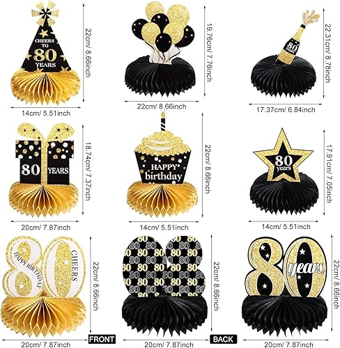 Miniatura 2 de 8 piezas de decoración de mesa de cumpleaños número 80 para hombres y mujeres, centros de mesa de nido de abeja de feliz 80 años, color negro y