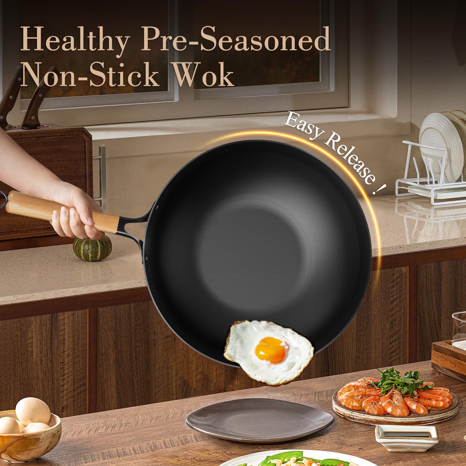 Jobin 30cm Wok Antiaderente con Coperchio, Wok Induzione Senza Rivestimento Chimico e Grande Capacità per Porzioni di cibo per 3-5 Persone, Ideale Padella per Fornelli a Induzione, Elettrici e a Gas