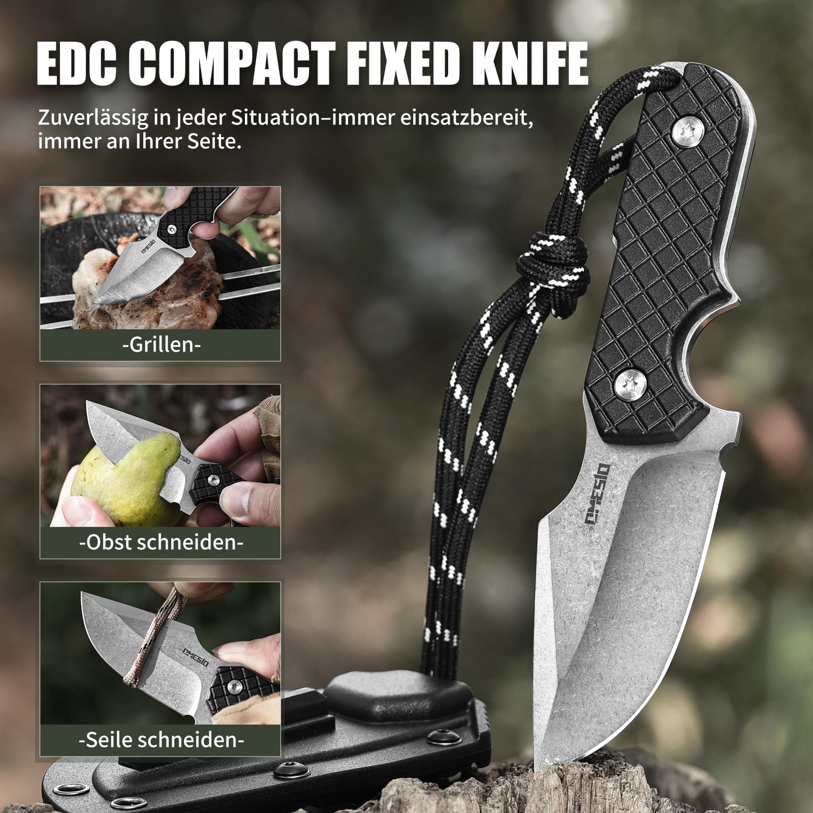 Omesio M-ZS21 Spanto Knife 5Cr13MoV Full Tang G10 Kydex | Nóż EDC ze stali 5Cr13MoV, ostrze Spanto, rękojeść PP, pochwa Kydex z linką paracord i akcesoriami outdoor