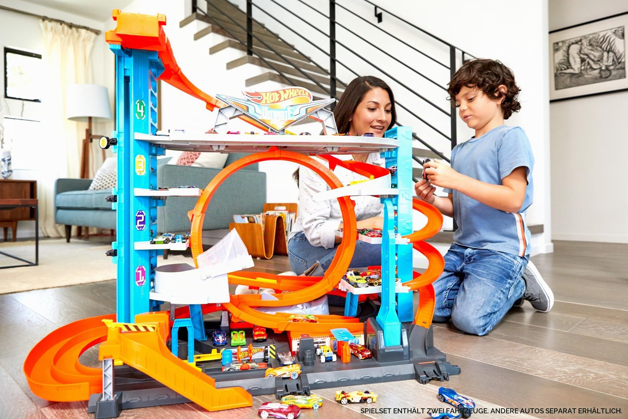 Hot Wheels Garage, Hot Wheels Hai Parkgarage inkl. 2 Spielzeugautos, mit Autorennbahn, Looping Tracks, Auto Spielzeug Aufzug und Platz für +90 Autos, Höhe: 63cm, Spielzeug ab 5 Jahre, FTB69