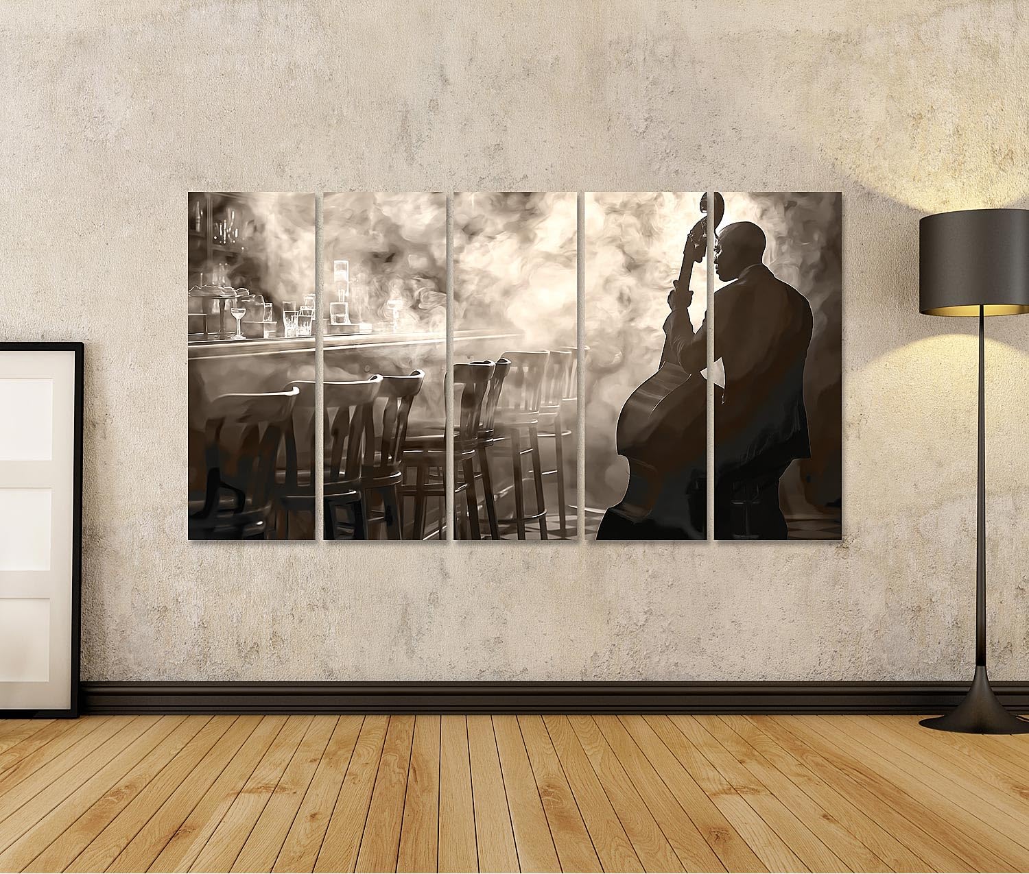 islandburner Quadro su tela nostalgico jazz club stampa artistica per elegante decorazione da bar – perfetto per gli amanti della musica – 5 pezzi XXL