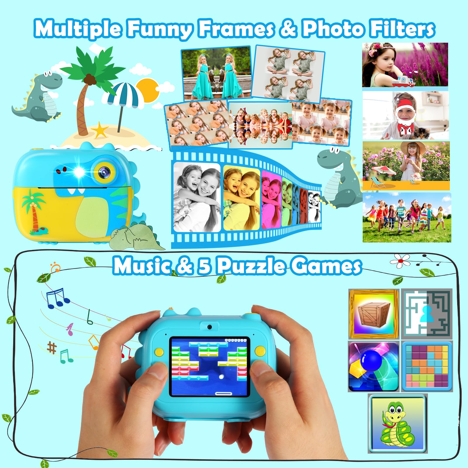 Cámara de impresión instantánea para niños, juguetes de cámara digital para niños con video HD para niños de 3 a 12 años, regalo de festival de cumpleaños de Navidad para niñas y niños, con 7 rollos 5