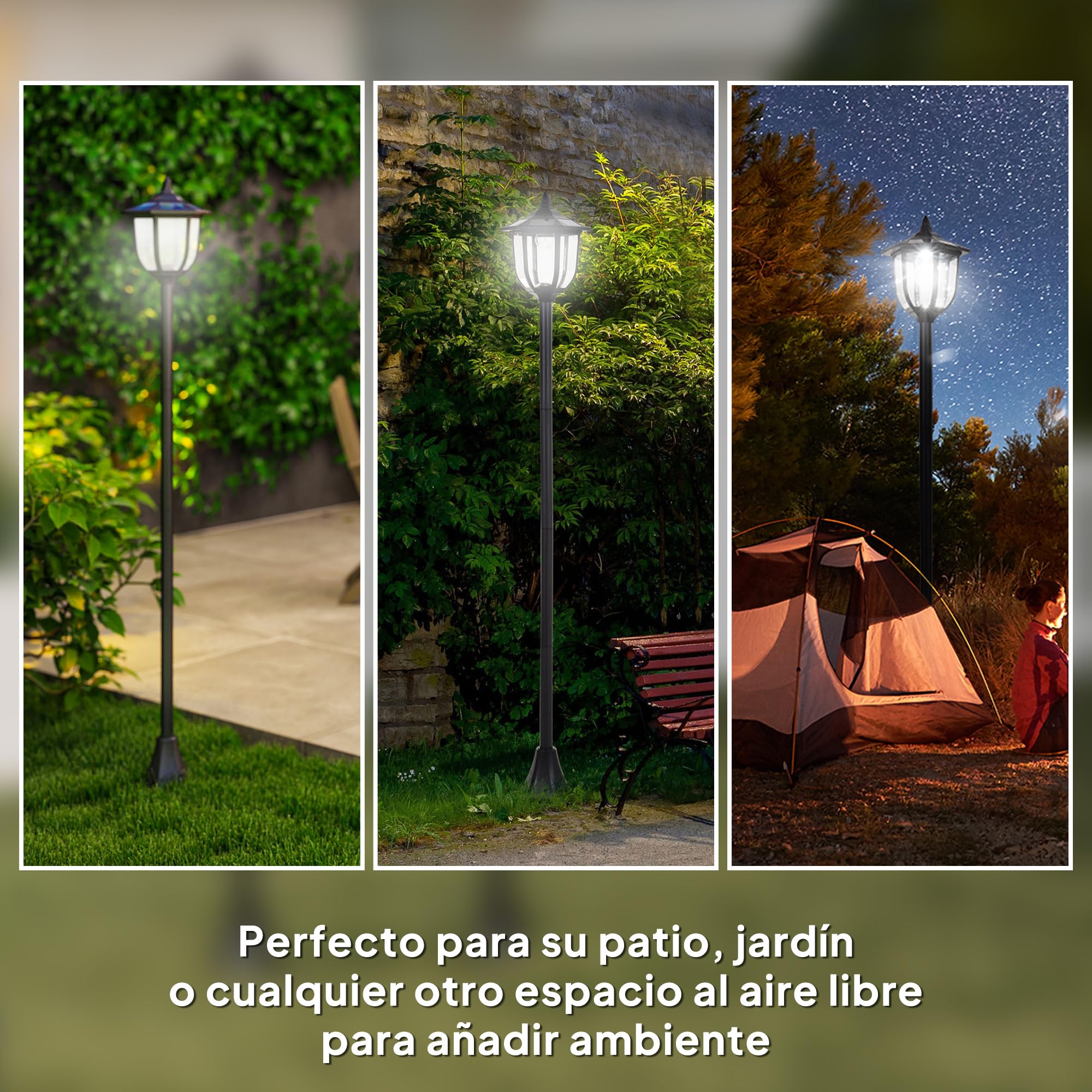 Outsunny Farola Solar con Panel Solar a Cargar Batería Protección al Ambiente 6 LED Perfecto para Noche Encendido Automático Autonomía de 6 Horas Instalar Fácil Negro Ø26,5 x 177cm