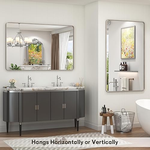 Miniatura 23 de Espejo de baño con marco negro de 20 x 30 pulgadas para pared, espejo de pared con marco de metal mate, espejo rectangular de esquina redondeada