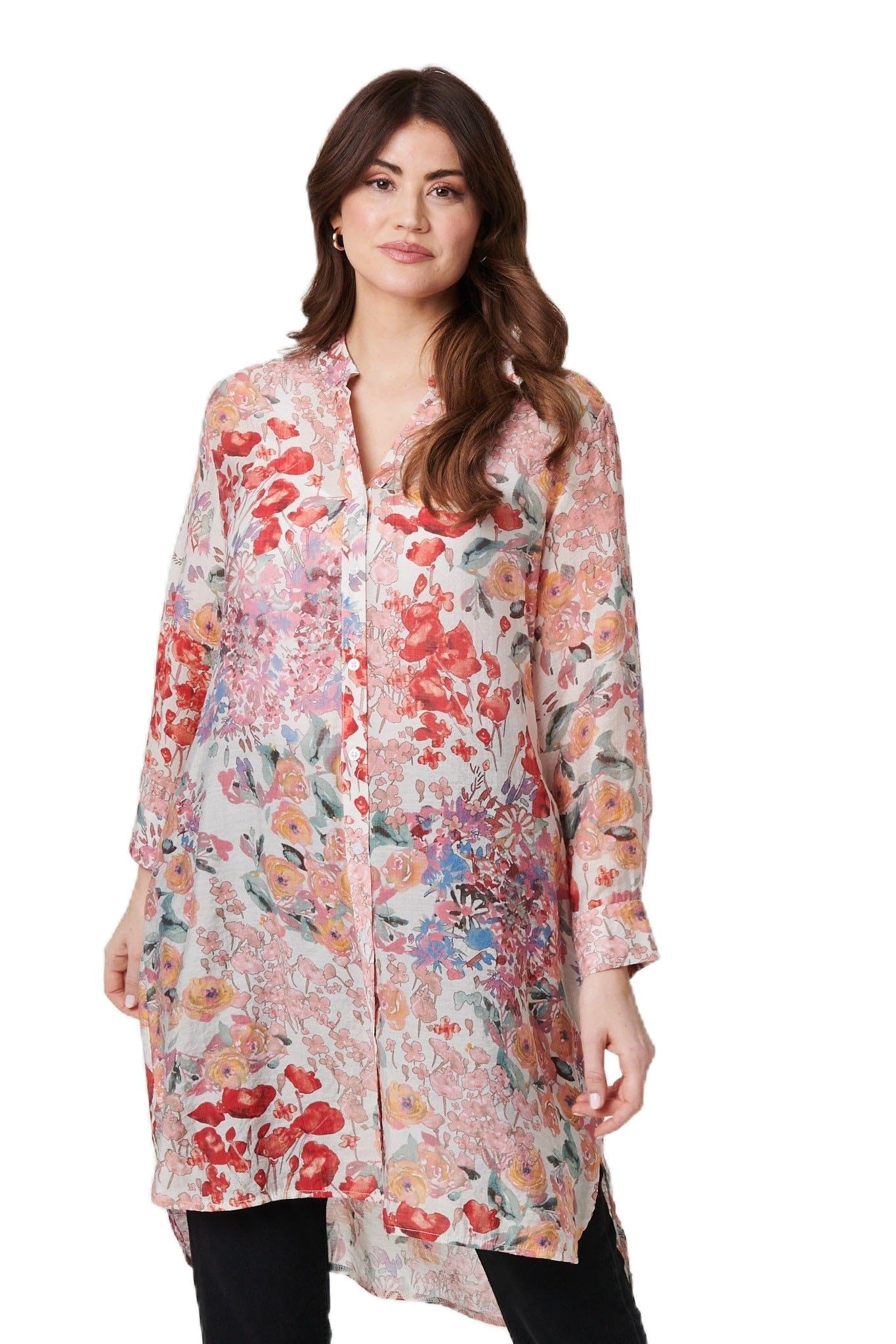 Izabel London Women's Pink Floral Print Longline Semi Sheer Shirt In | Size: 12