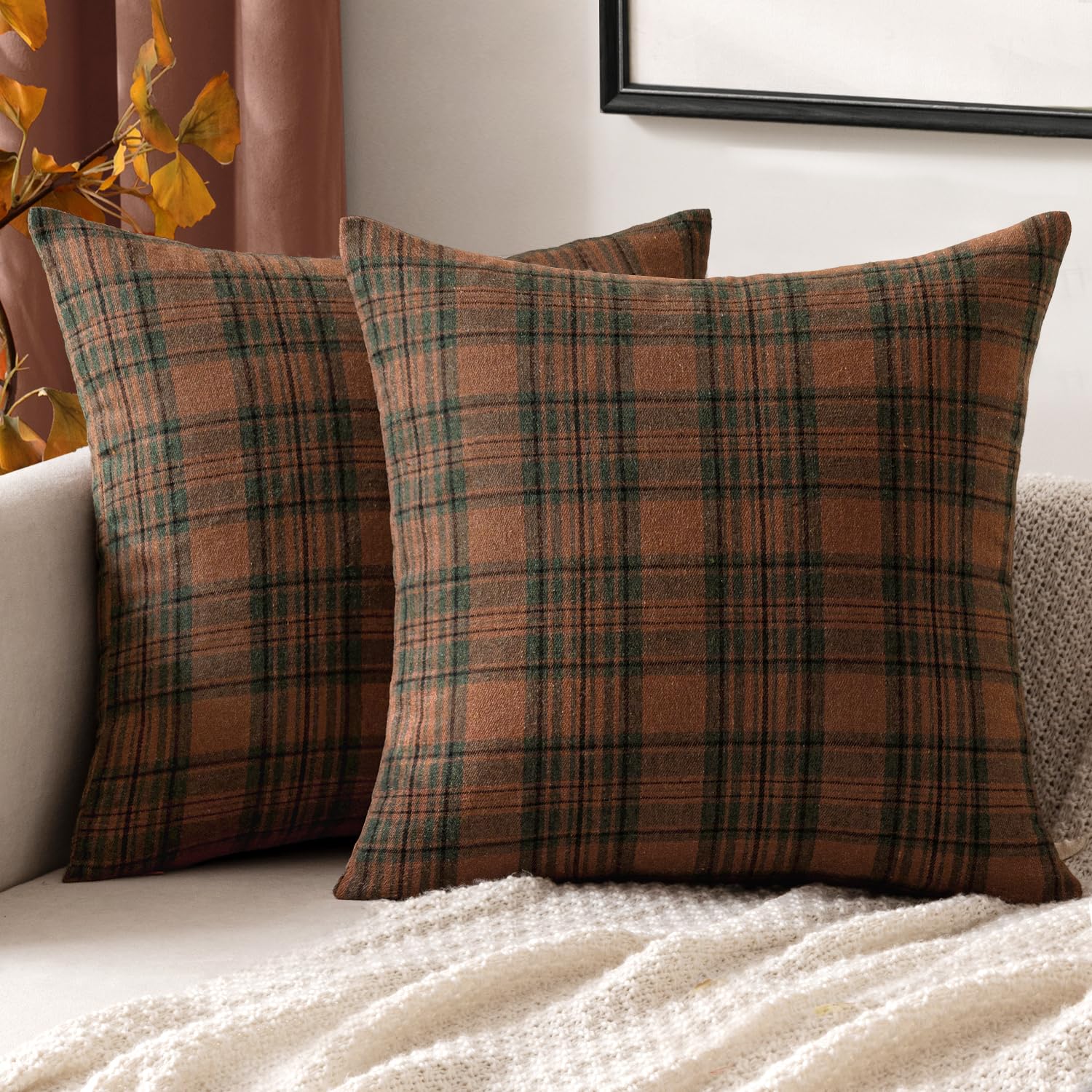 MIULEE Fall Plaid Pillow Covers Scottish Tartan 24x24 Terracotta Brown | Set of 2 Fall Decorations Euro Cushion Covers, Farmhouse Winter Home Decor, for Thanksgiving Sofa Couch Bed Living Room