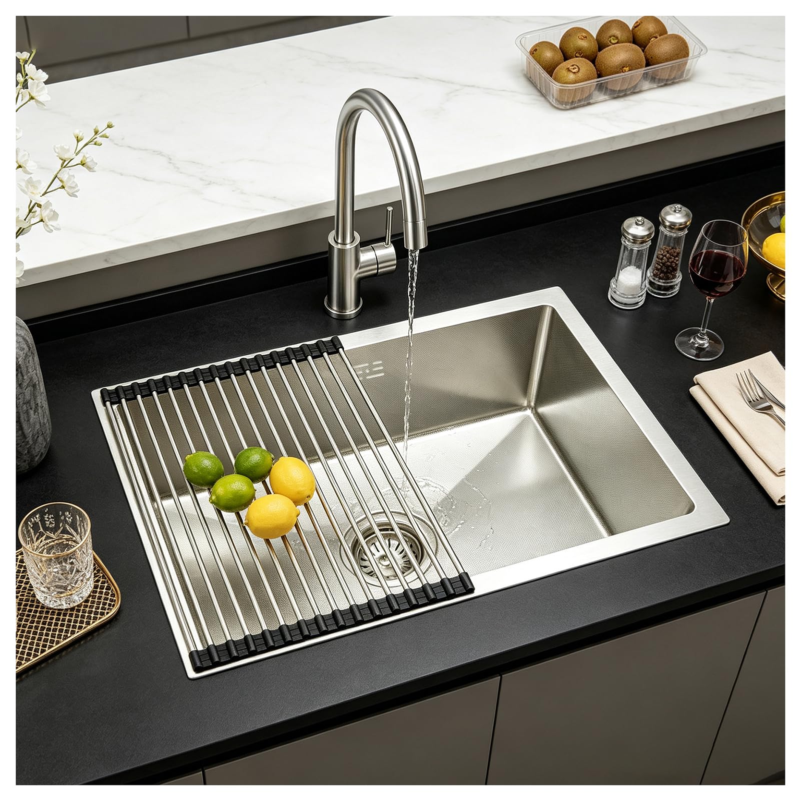 Fregadero Cocina 1 Seno 55 x 40 cm, Acero Inoxidable Cepillado, con Grifo Giratorio 360°, Fregadero Bajo Encimera o Sobre Encimera, con Sifón, Rebosadero y Desagüe, Escurridor de Enrollable
