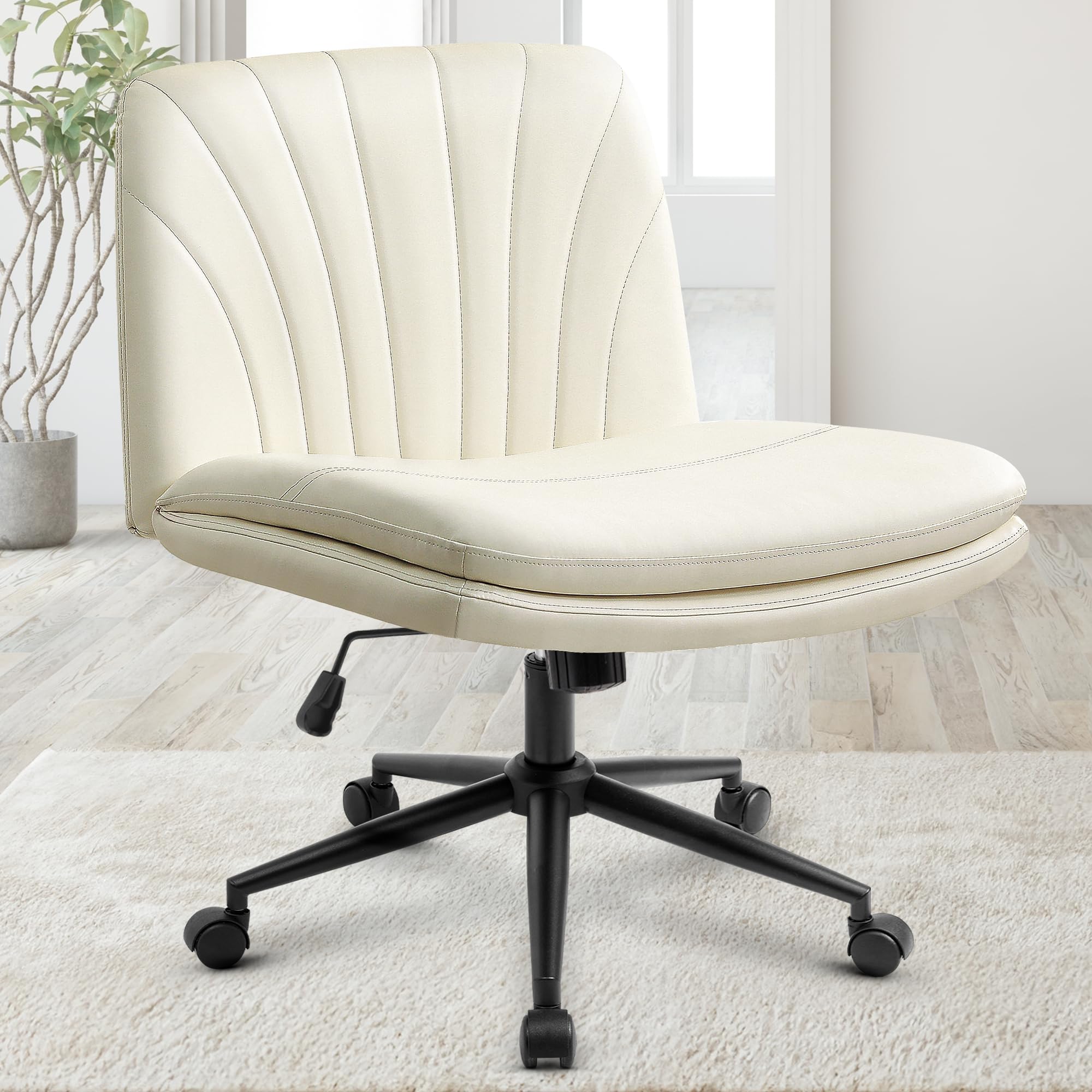 Orange Factory Criss Cross Chair with Wheels Comfy Wide Vanity Desk Chair Dual Base Leather Armless Adjustable Swivel for Home Computer Task (Beige) missing parts