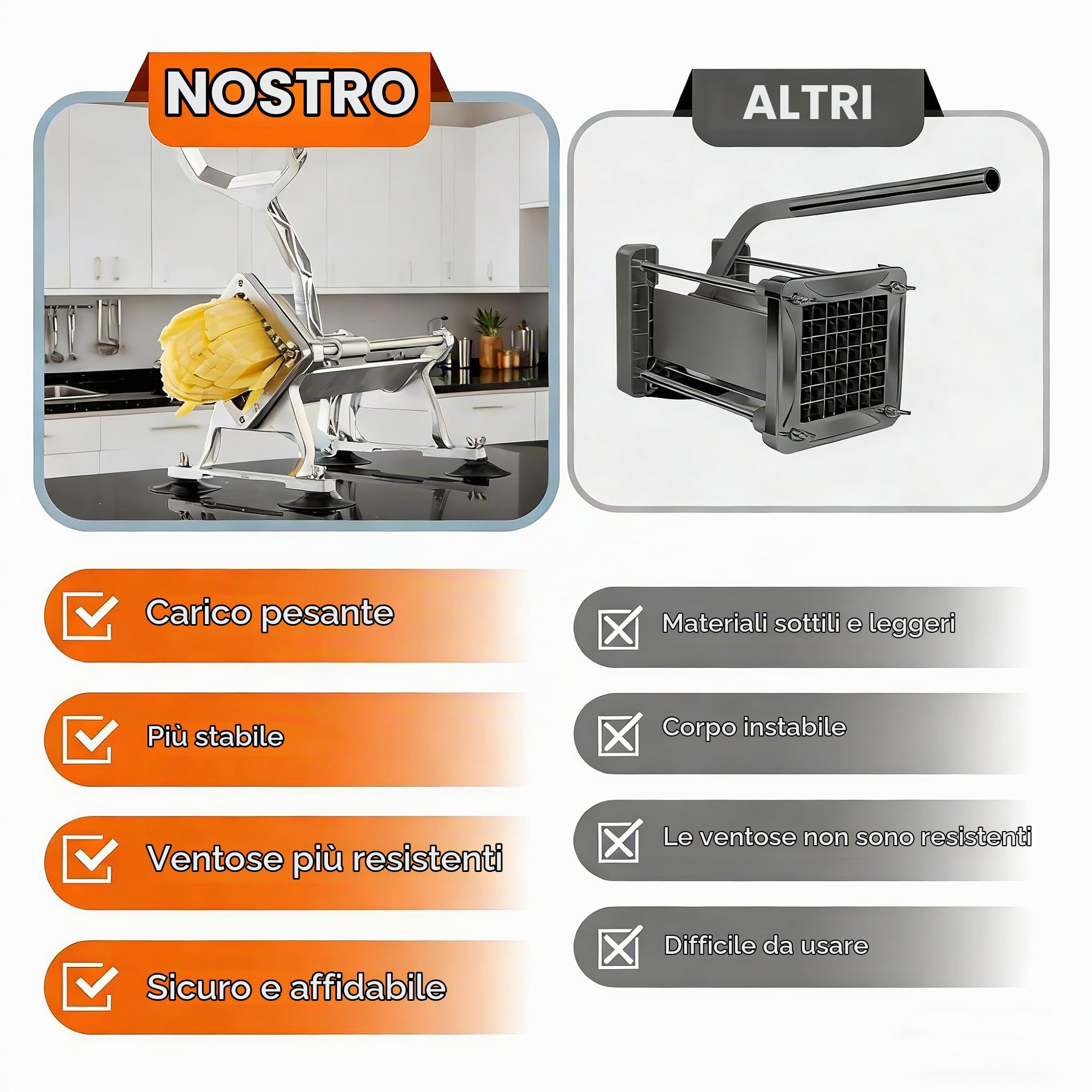 Tagliapatate per Patate Fritte Professionale con 6mm 9mm 13mm 8-Spigolo Lame in Acciaio， con 4 Ventose, Taglia Patatine Fritte Manuale Tagliaverdure a Bastoncini,per Patate Carote Cetrioli