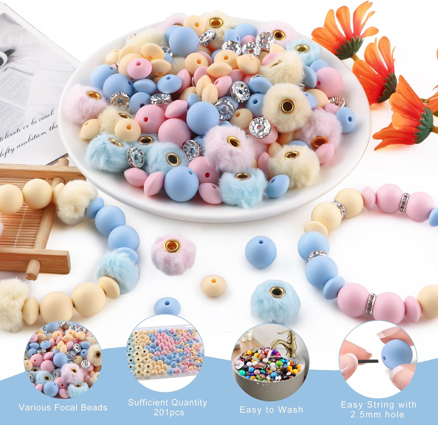 201Pcs 12mm 15mm Yellow Blue Silicone Beads for Keychain Making, Fluffy Fuzzy Pom Pom Beads Plush Fur Covered Ball Rondelle Rhinestone Spacer 10mm for Pens - Image 4