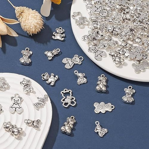 Miniatura 5 de LiQunSweet 100 piezas de 10 estilos antiguos de animales encantos de oso de peluche para bricolaje, aretes, collares, pulseras, suministros de