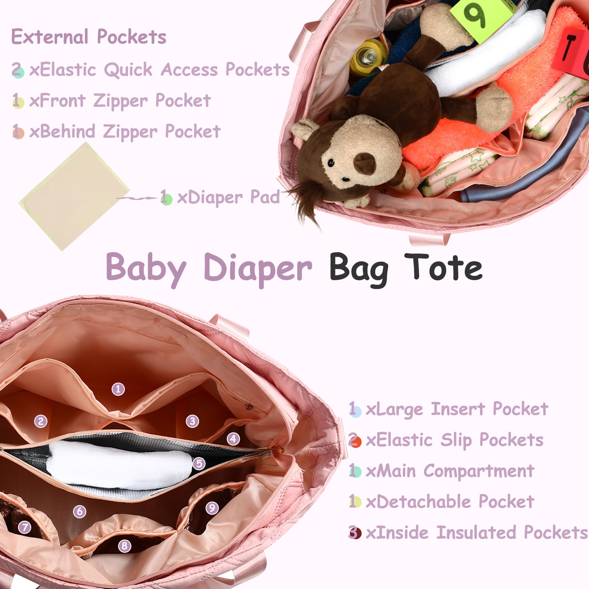 FCQQYWZ Quilted Diaper Bag Tote for Baby Bags with Changing Pad, Large Maternity Mommy Bag for Women, Shoulder Diaper Nappy Storage Tote Travel Hospital-Pink