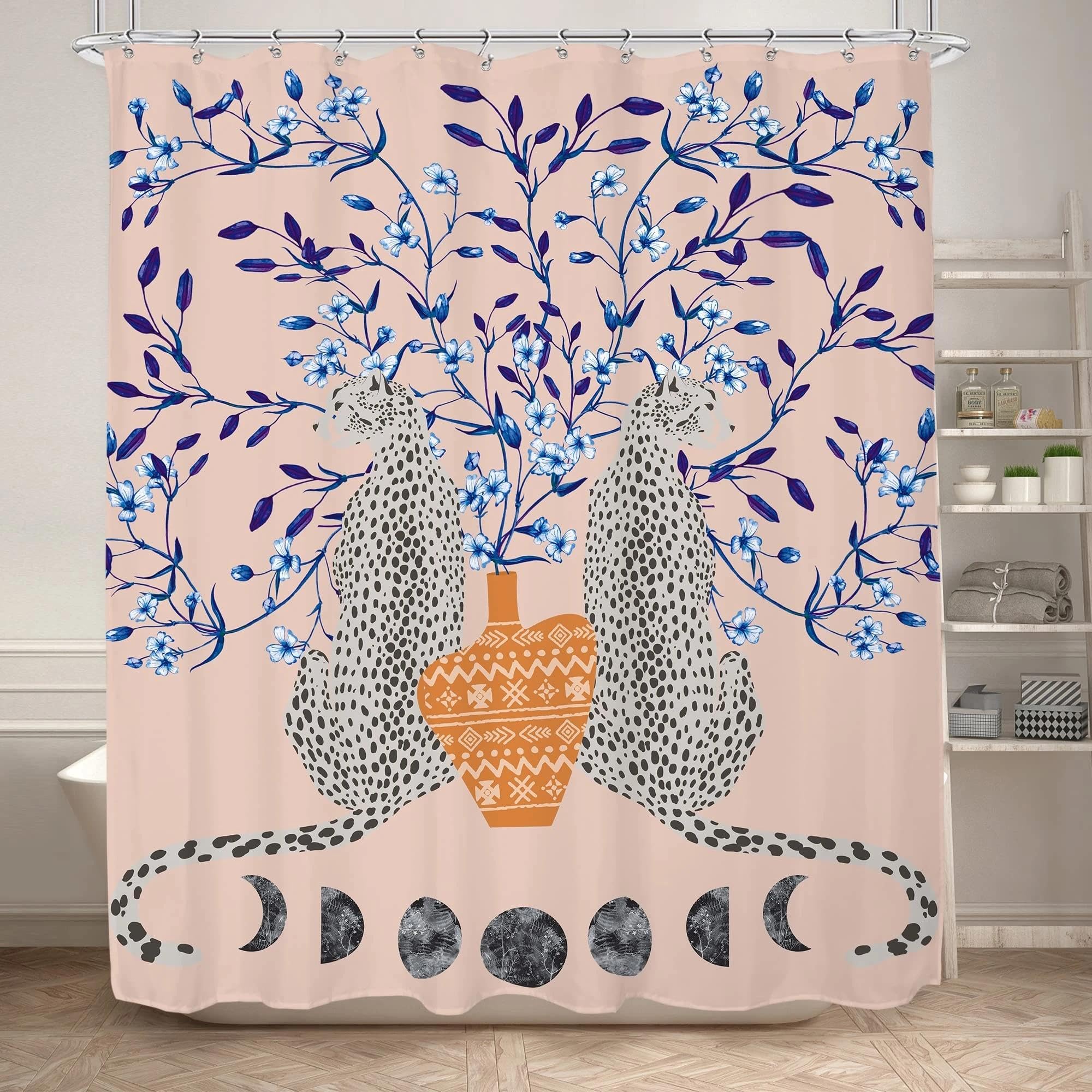 NIKKHO Tenda da doccia con ghepardo Boho, tenda da bagno con fauna selvatica leopardata tropicale, tenda da bagno floreale blu con fase lunare estetica rosa moderna 280x200 cm Tende da doccia