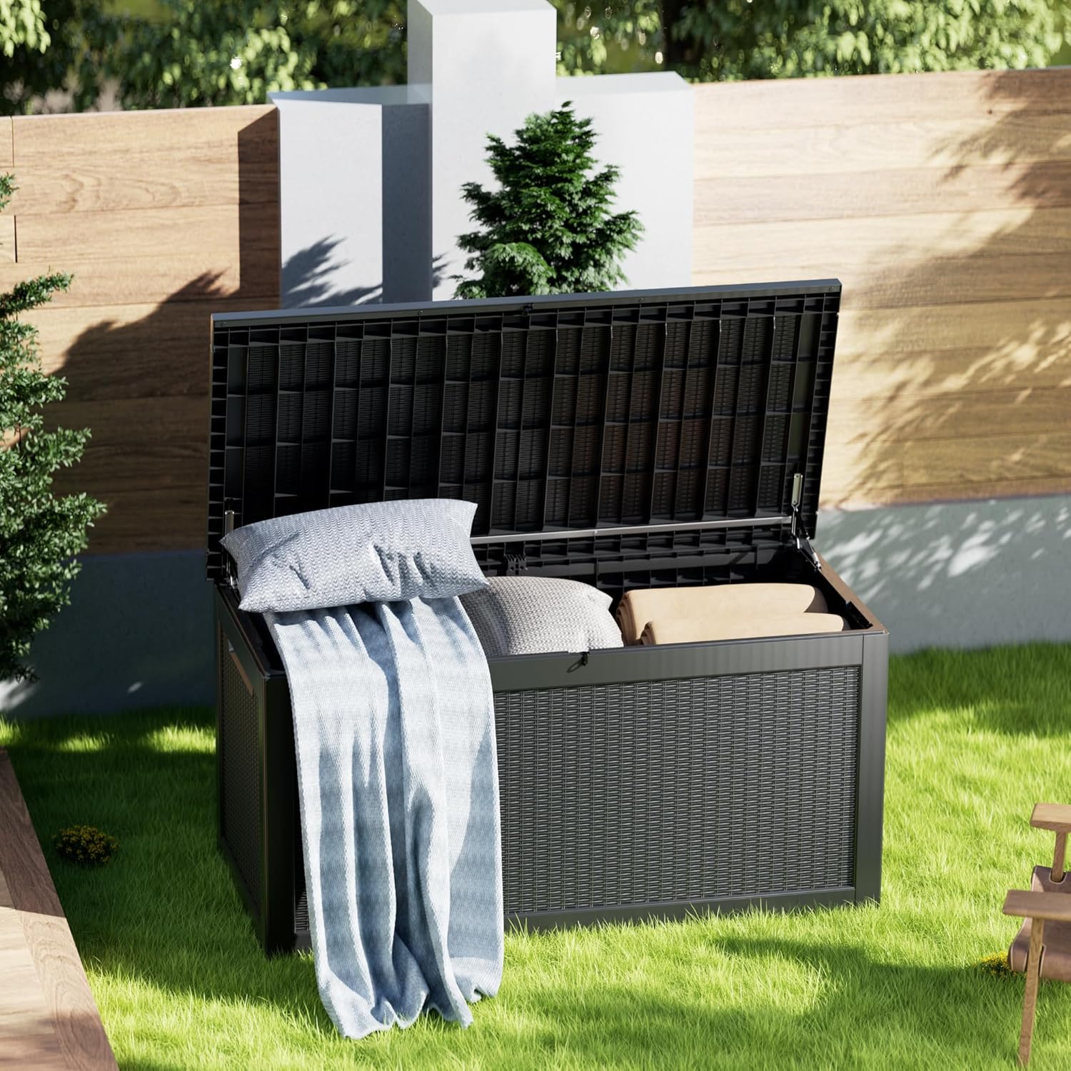 Outdoor Storage Box, 320 Gallon Lockable Resin Deck Box Large Waterproof, Patio Storage Bin for Furniture Cushion, Garden Tools and Pool Accessories, UV-Resistant Bench for Outside, Black