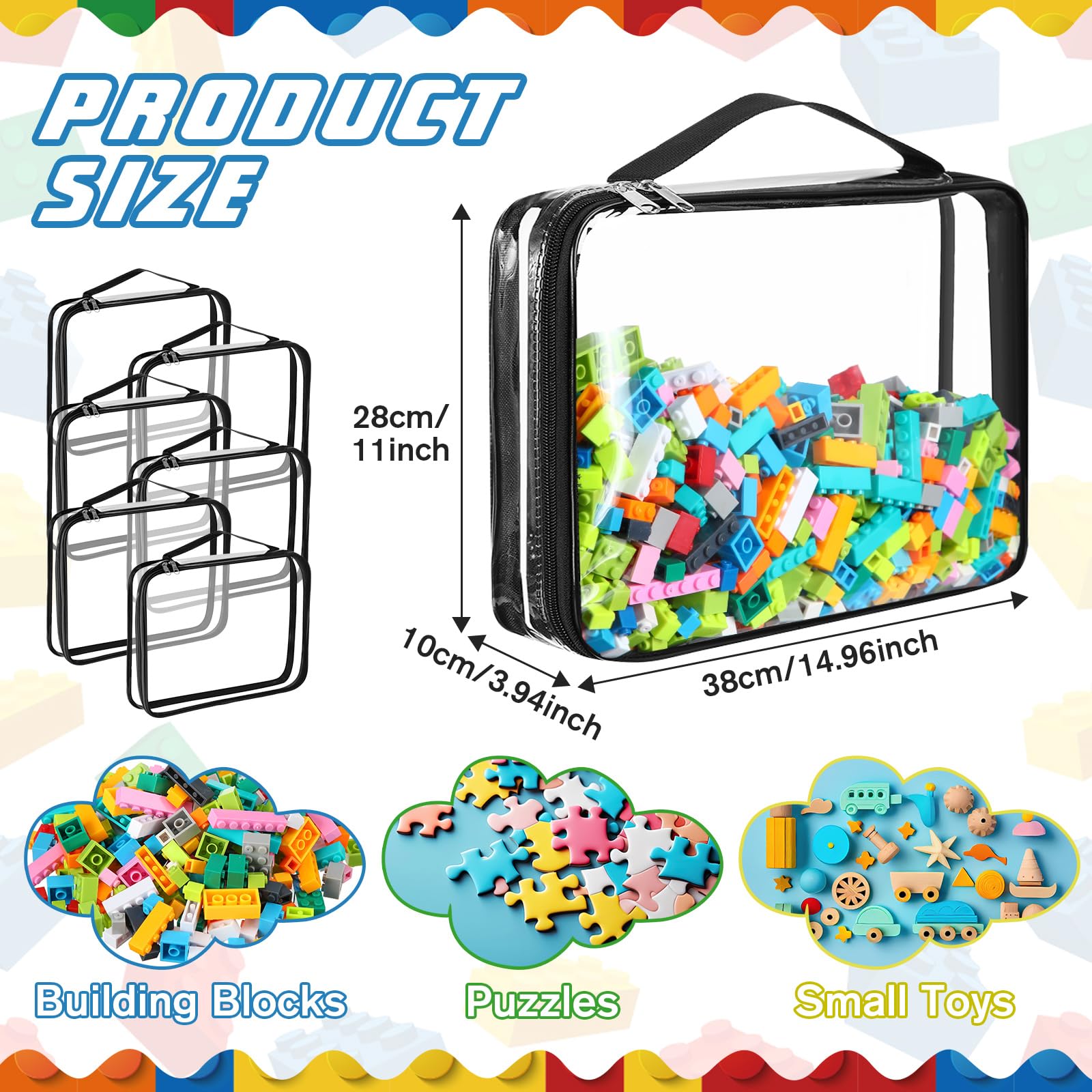Sanwuta Paquete de 6 bolsas de almacenamiento de juguetes, PVC transparente con cremallera, contenedor impermeable para juegos de mesa, bloques de construcción, rompecabezas, juguetes pequeños y