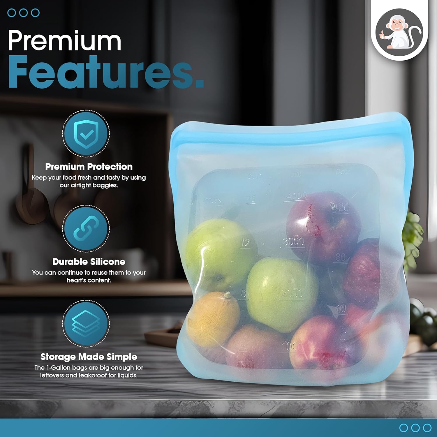 135oz. XXL Reusable Silicone Bag - 1 Gallon Freezer Bags for Food Storage, Meal Prep, Zero Waste, Kitchen Organization, Sous Vide, and Freezer Safe Containers (Extra Large, Blue) - Image 4