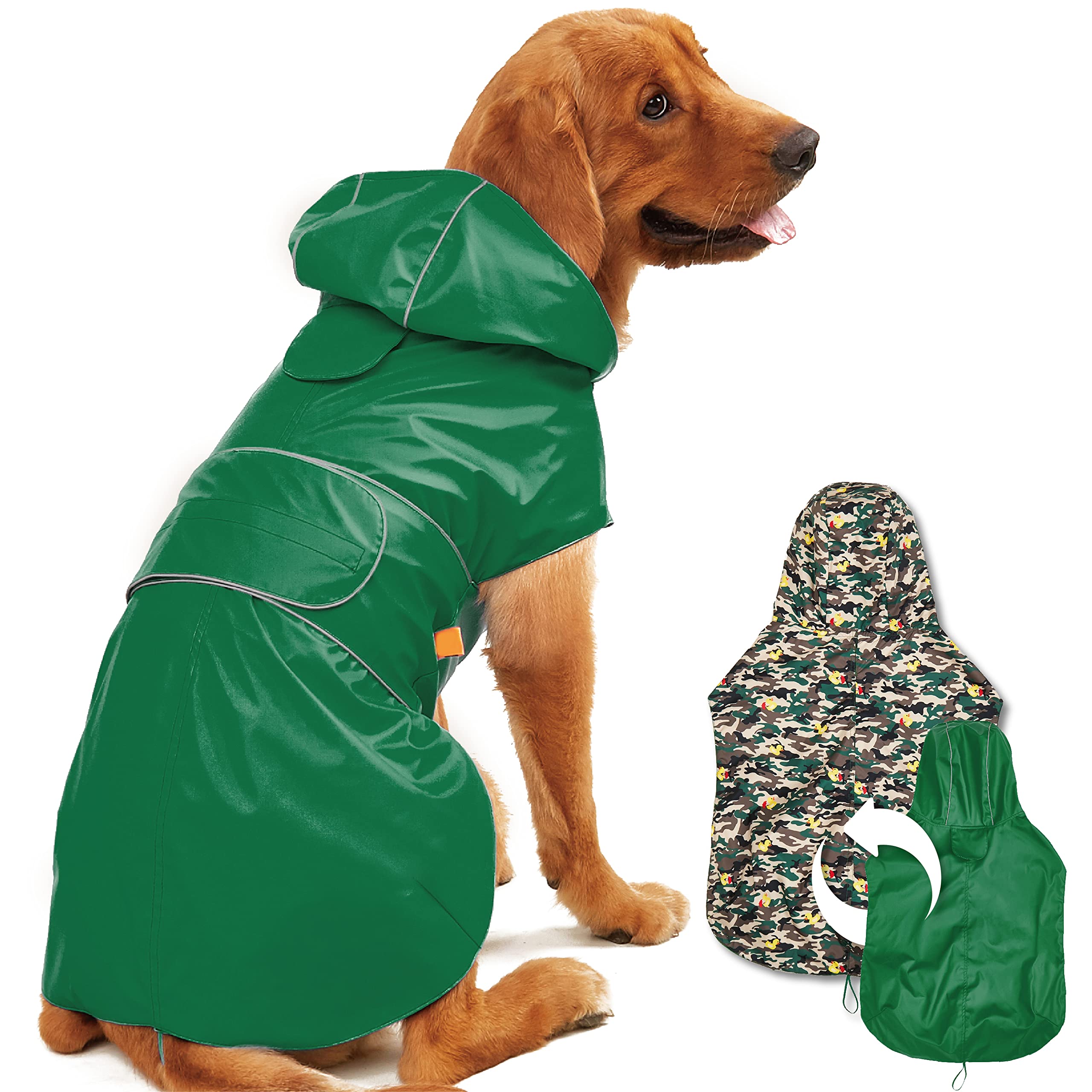 KimeeDog Raincoat Reversible, Single Side Slicker Poncho Adjustable Waterproof Dog Rain Jacket with Leash Hole/Reflective Stripe Hooded Snowproof Windproof Clothes for Small to 3X-Large Dogs, 3XL
