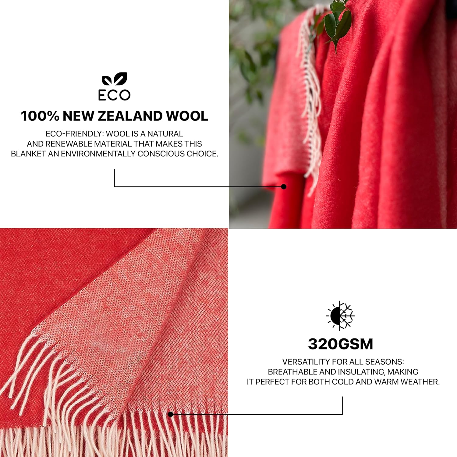 New Zealand Virgin Wool Throw Blanket, Indoor & Outdoor, Soft Blanket with Fringes, 55 x 79 in (140 x 200 cm) - Image 3