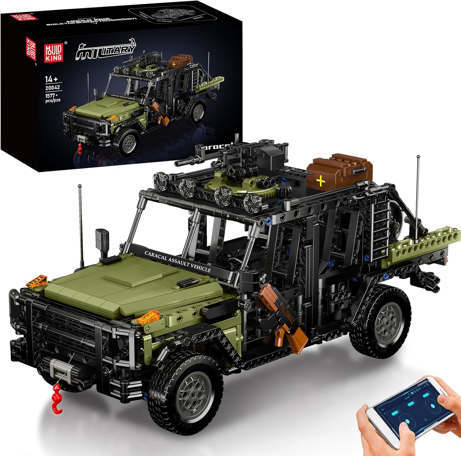 Mould King 20042 Military Truck Building Set, Buildable Toy, Off-Road Car with Romote Control, Collectible Army Model to Build and Display (1577 Pieces)