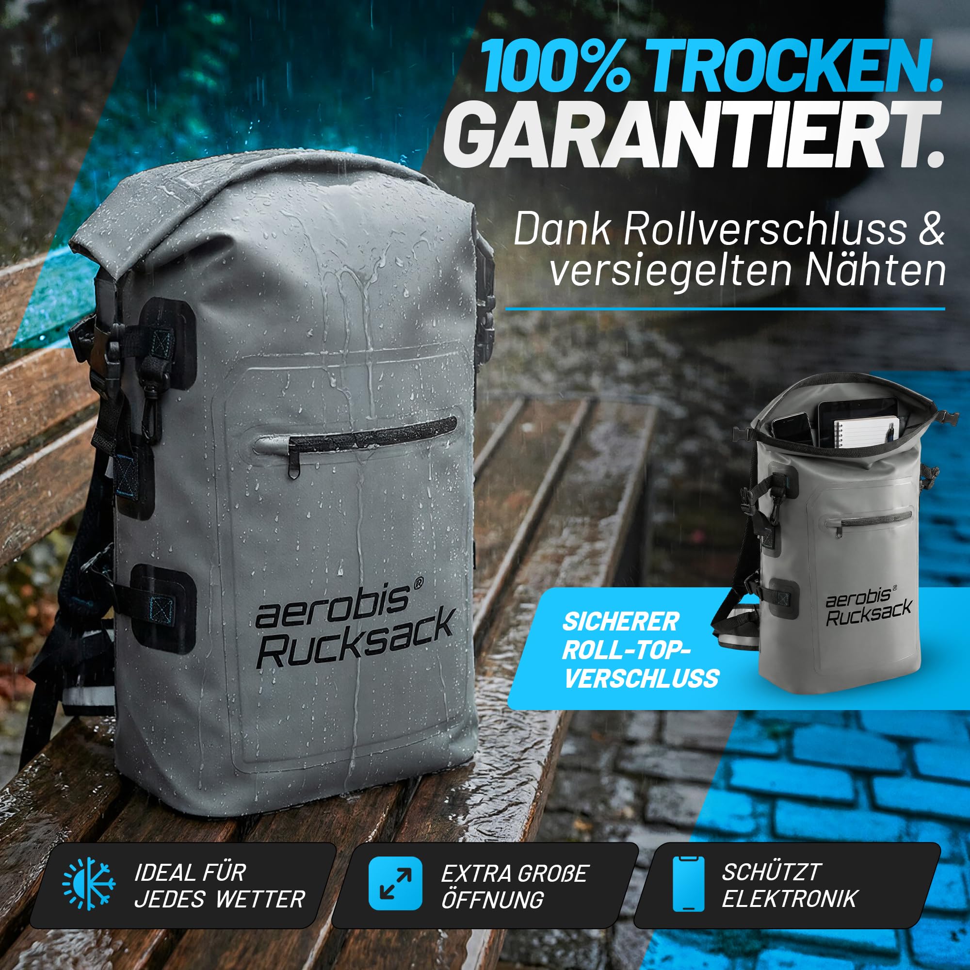 aerobis® Rucksack wasserdicht - 100% mit Rolltop Verschluss | Ideal für Wandern, Büro & Fitness - vielseitiger Sportrucksack - Inkl. verstärkter Rückenteil - für Herren & Damen