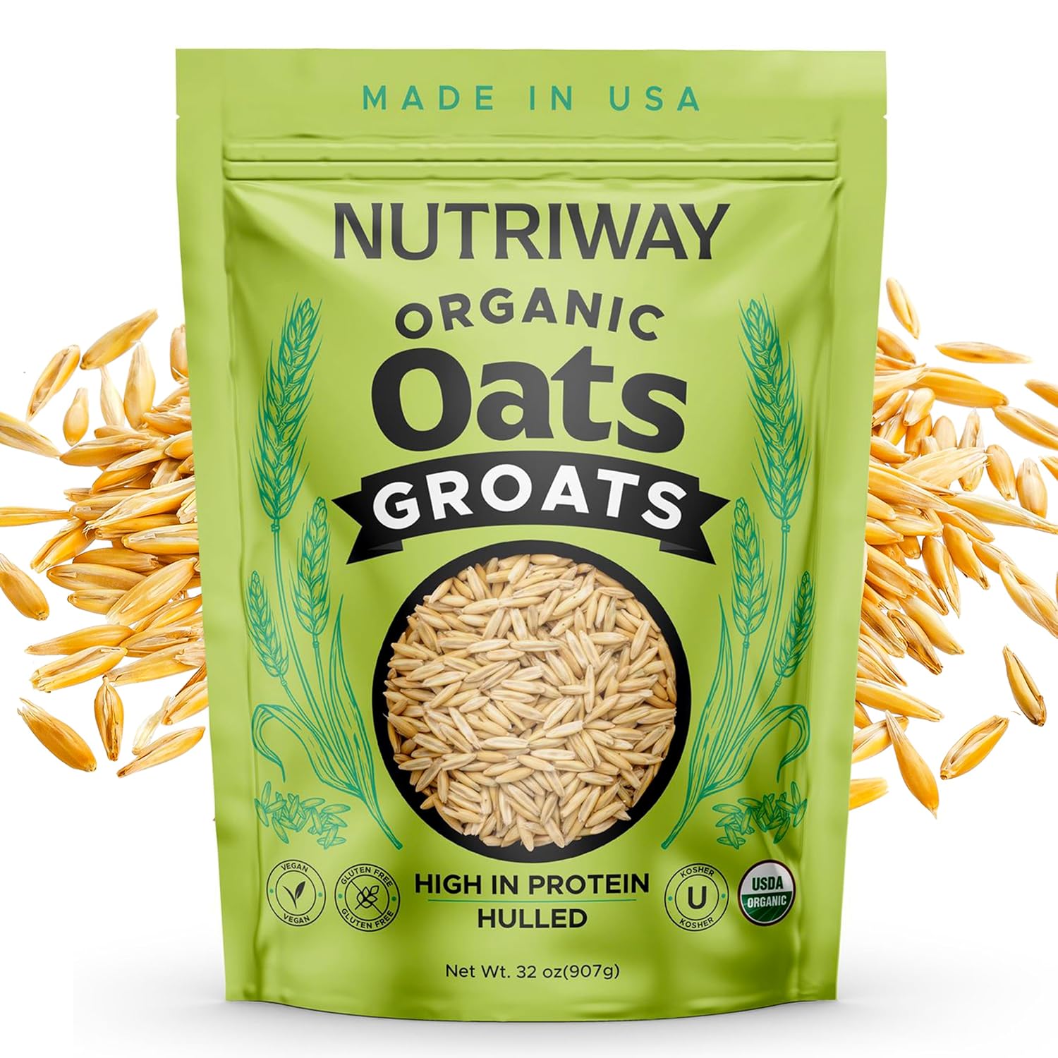 NUTRIWAY Organic Oat Groats - High-Protein Whole Grain Oats - Vegan, Non-GMO, Pure & Raw - Perfect for Cooking, Oatmeal, Breakfast & Meal Prep - Wholesome Organic Food - 2 lb Pack