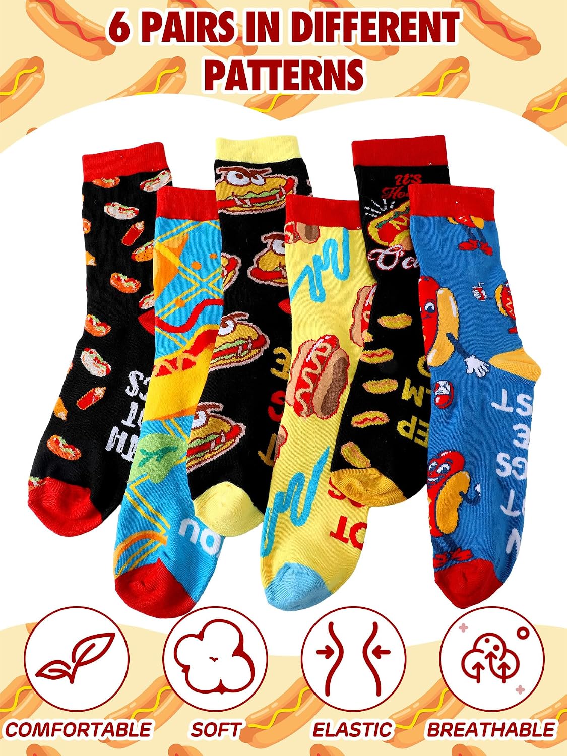Haysandy 6 Pairs Funny Food Socks for Father Dad Men's Novelty Snack Lover Gift Idea Crazy Design Socks Breathable Size 10-13