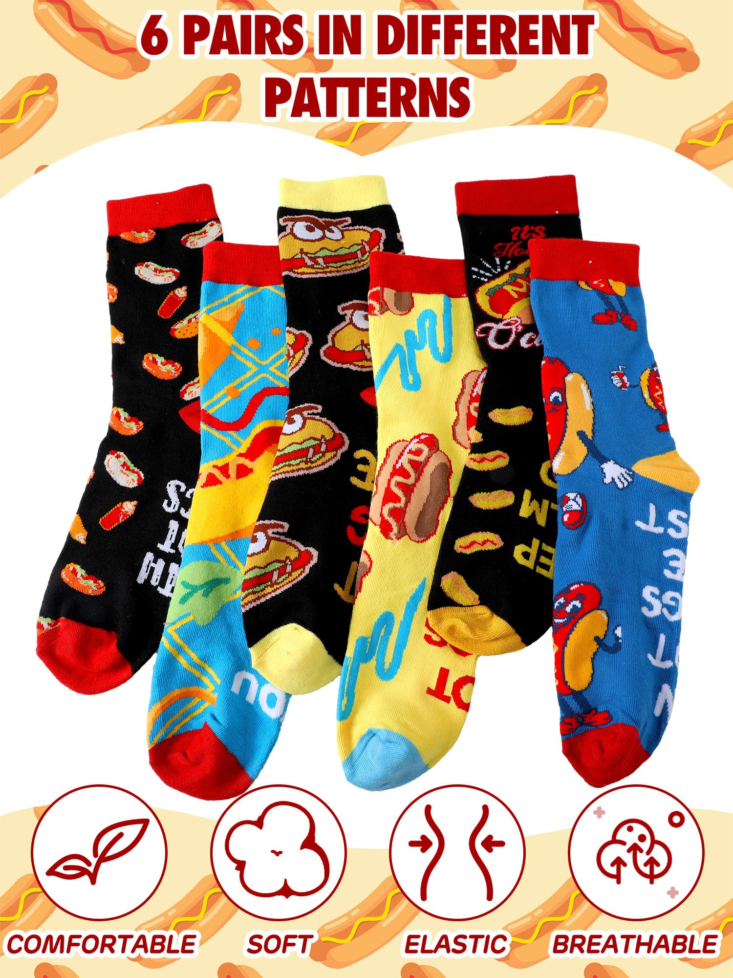 Haysandy 6 Pairs Funny Food Socks for Men Novelty Snack Lover Gift Crazy Design Socks for Pepper Bacon Hot Dogs Burger Pizza