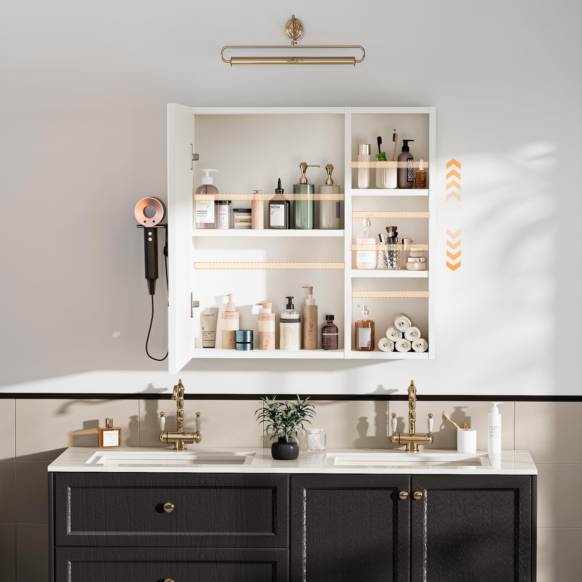 Armario Baño con Espejo LED iluminación y Función de desempañadora Armario Baño Espejo de Pared con 3 Estanteria Ajustables y Soporte para Secador de Pelo 60x60x15 cm Blanco