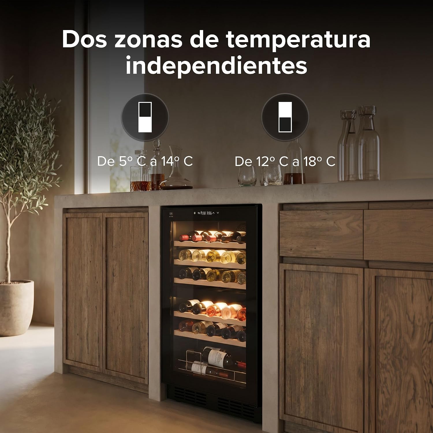 Image showing the wine cooler with two distinct temperature zones, indicating ranges of 5-14°C and 12-18°C.