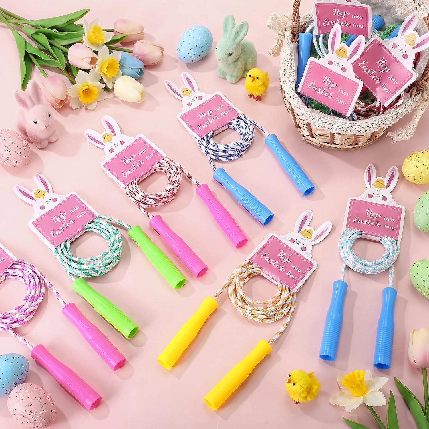 24 Set Easter Basket Stuffers, Jump Ropes with Bunny Gift Cards, Easter Party Favors Colorful Durable Nylon Skipping Ropes for Party Gifts Egg Hunt Game Rewards Spring Outdoor Play