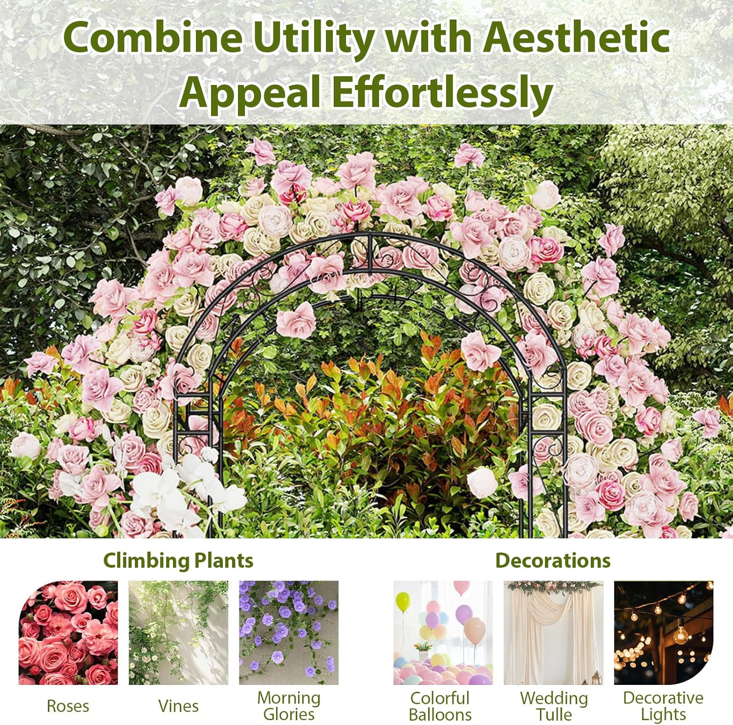 HAPPYGRILL 84" Garden Arbor with Gate & Climbing Trellises, Metal Garden Arch Archway for Outdoor Climbing Plant Rose Vine, Wedding Arch for Ceremony, Backyard Lawn Party Decor Patio Entrance