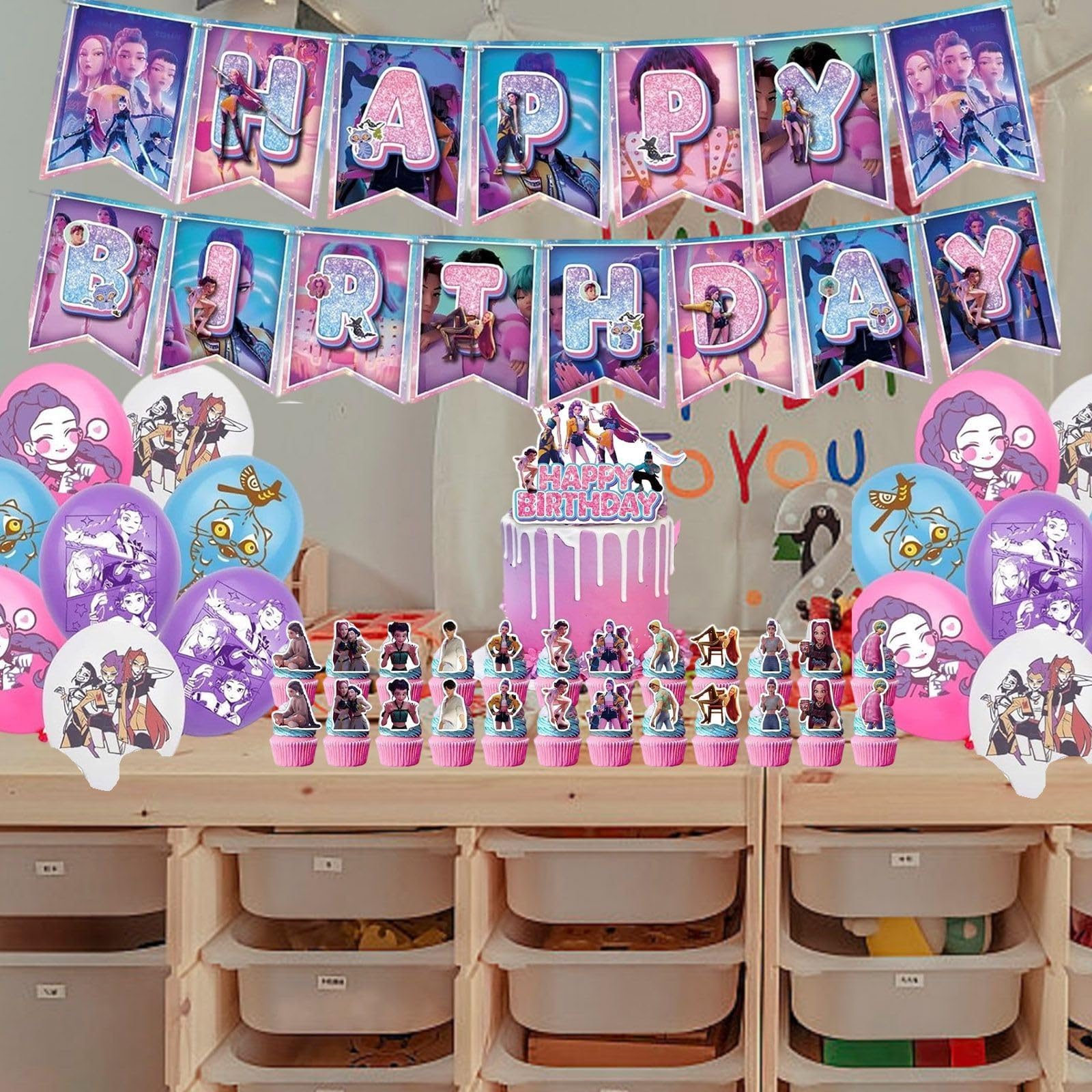 Decoración De Cumpleaños Temática Anime Rumi Hunters - Incluye Toppers Para Pastel Y Cupcakes, Globos Y Pancarta | 30 Piezas