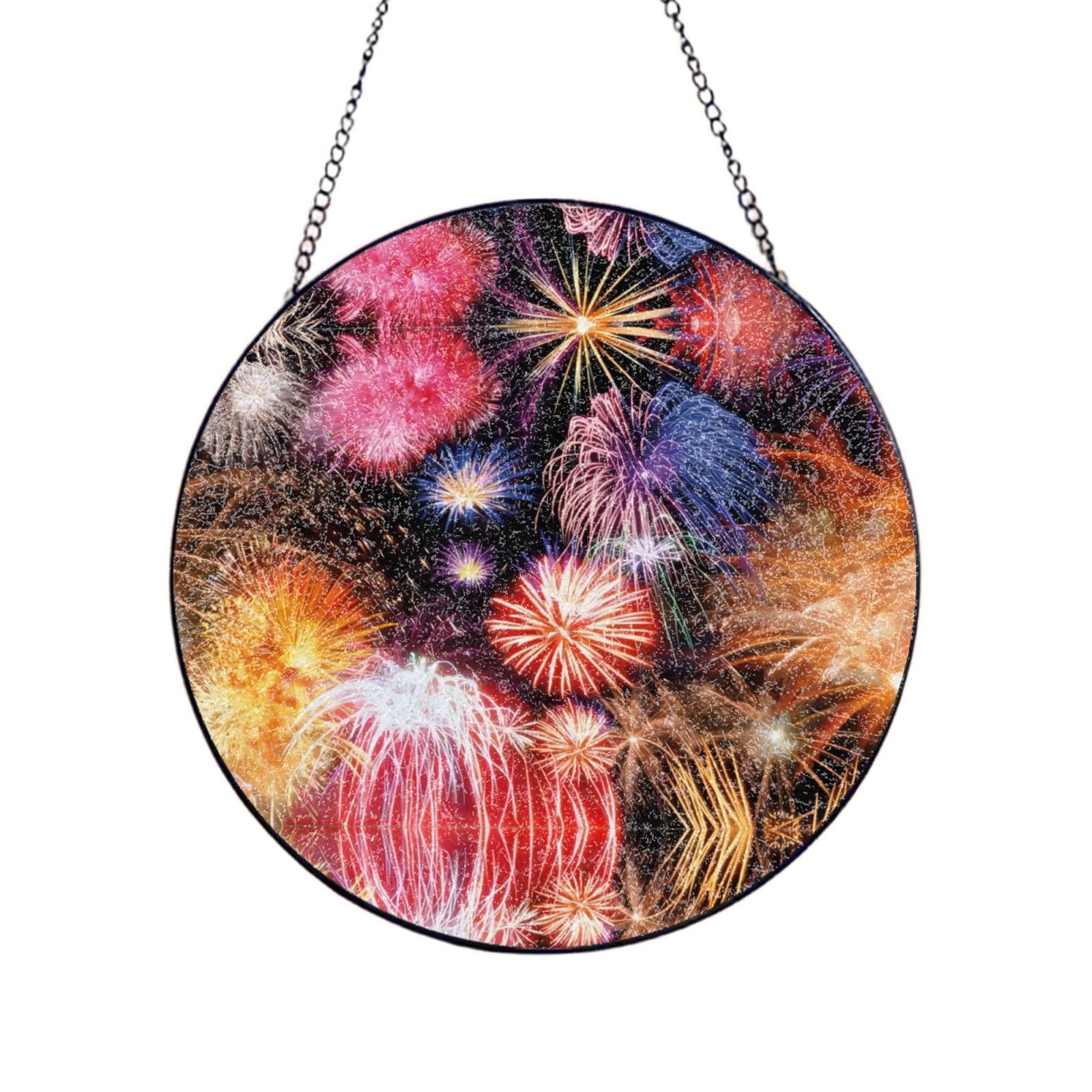 Phayah Beautiful Fireworks Print Stained Glass Window Hanging Suncatcher For Door Terrace Garden Home Decor Sun Catcher Birthday Gifts For Lovers Dad Mom 6in（15cm）