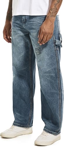 MZNBURAM Men's Non-Stretch Loose Fit Wide-Leg Baggy Jeans Pants (40, B#Navy Blue