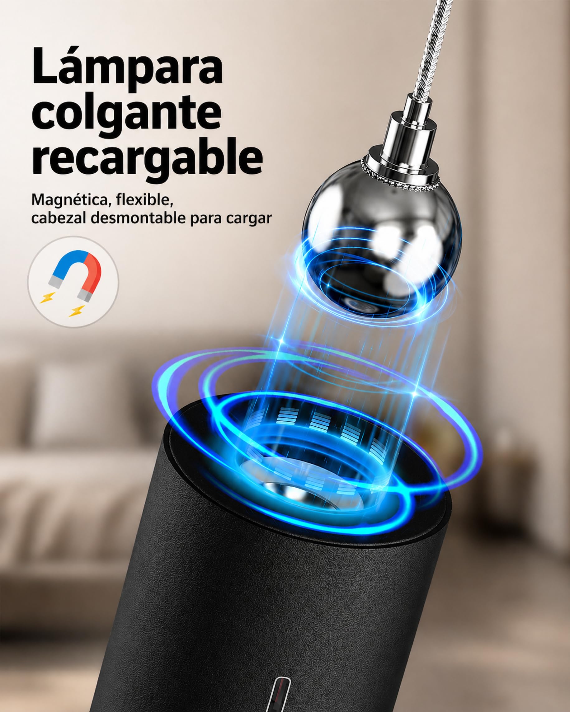 ACMHNC Lámpara Colgante con Bateria, Lámpara de Techo Colgante sin cable Moderno, 4500mAh Recargable USB, Mando a Distancia, Altura Regulable, Lamparas a Pilas Negro Para Cocina Dormitorio,Ø4x30cm