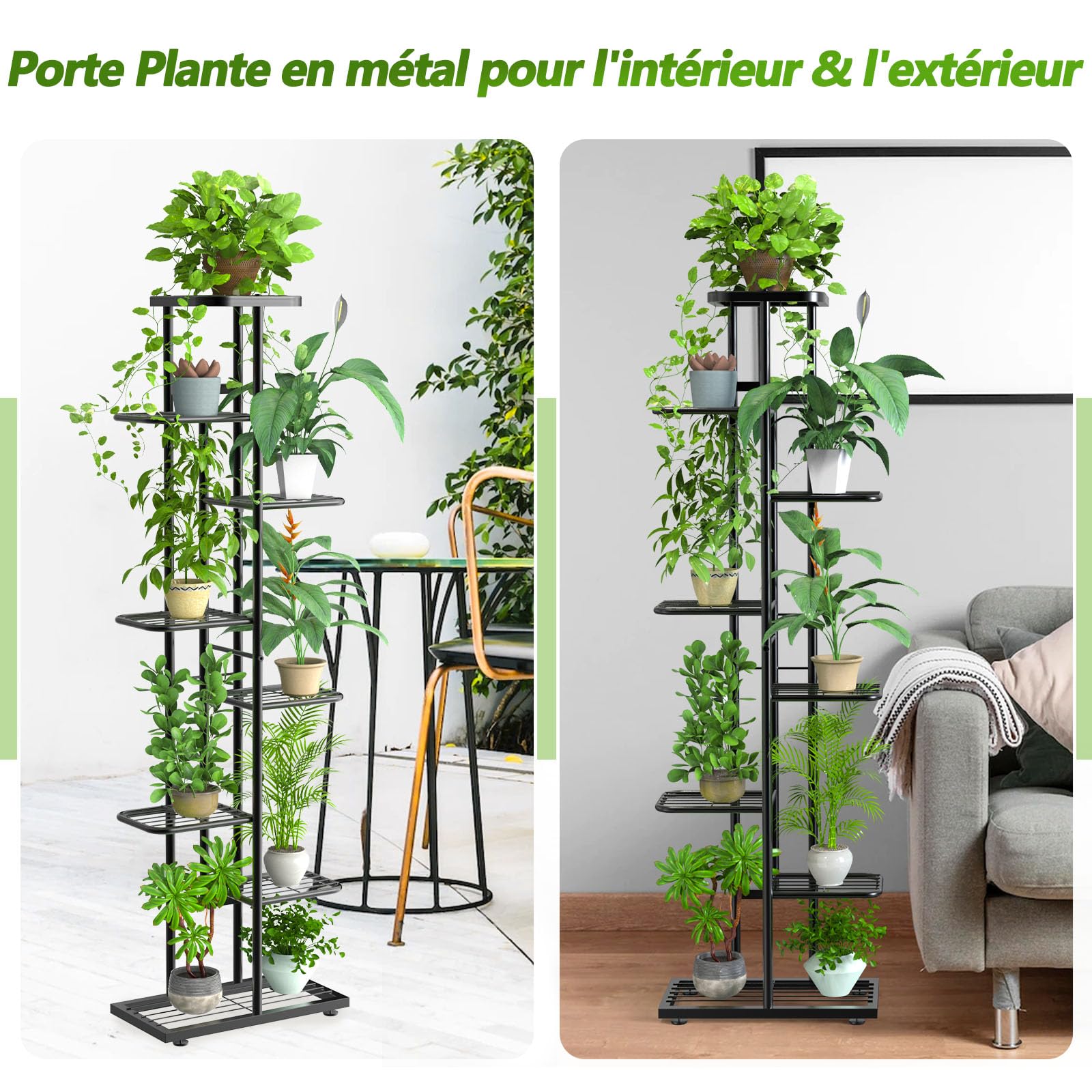 Support pour Plantes à 8 Niveaux avec Outils de Jardinage et Gants, 141cm Porte Plante Interieur en Métal pour Plusieurs Plantes, Étagère Plante Étagère à Fleurs pour Balcon Jardin, Noir