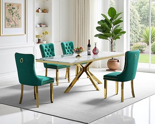 Miniatura 70 de Juego de mesa de comedor de 7 piezas, color blanco y plateado, mesa de cocina moderna de mármol sintético de 68 pulgadas con 6 sillas tapizadas Mesa